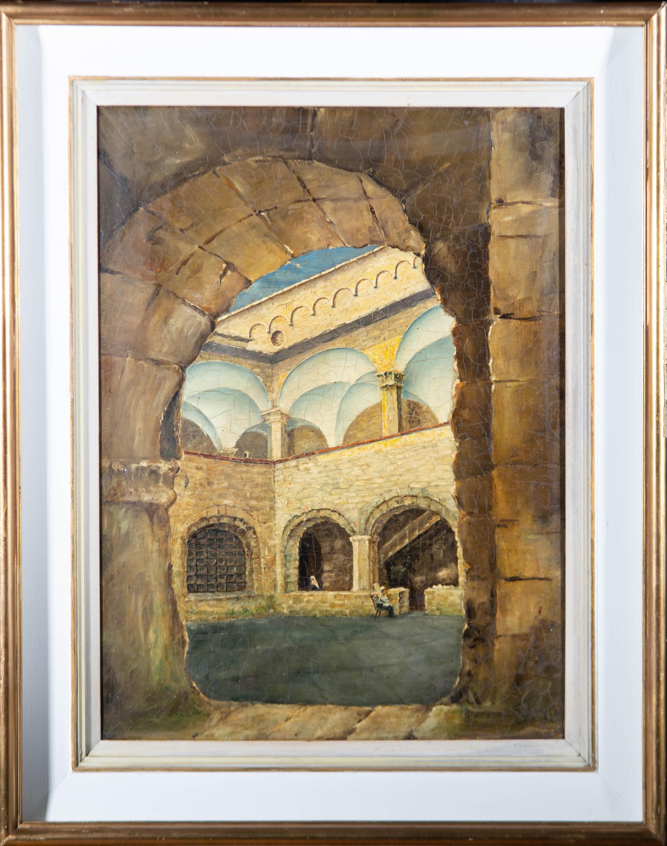 A scene in a historic Italian courtyard. Presented in a wooden frame with a gilt-effect outer edge and a white painted inner window. Monogrammed and dated to the lower-right corner. On canvas on stretchers.