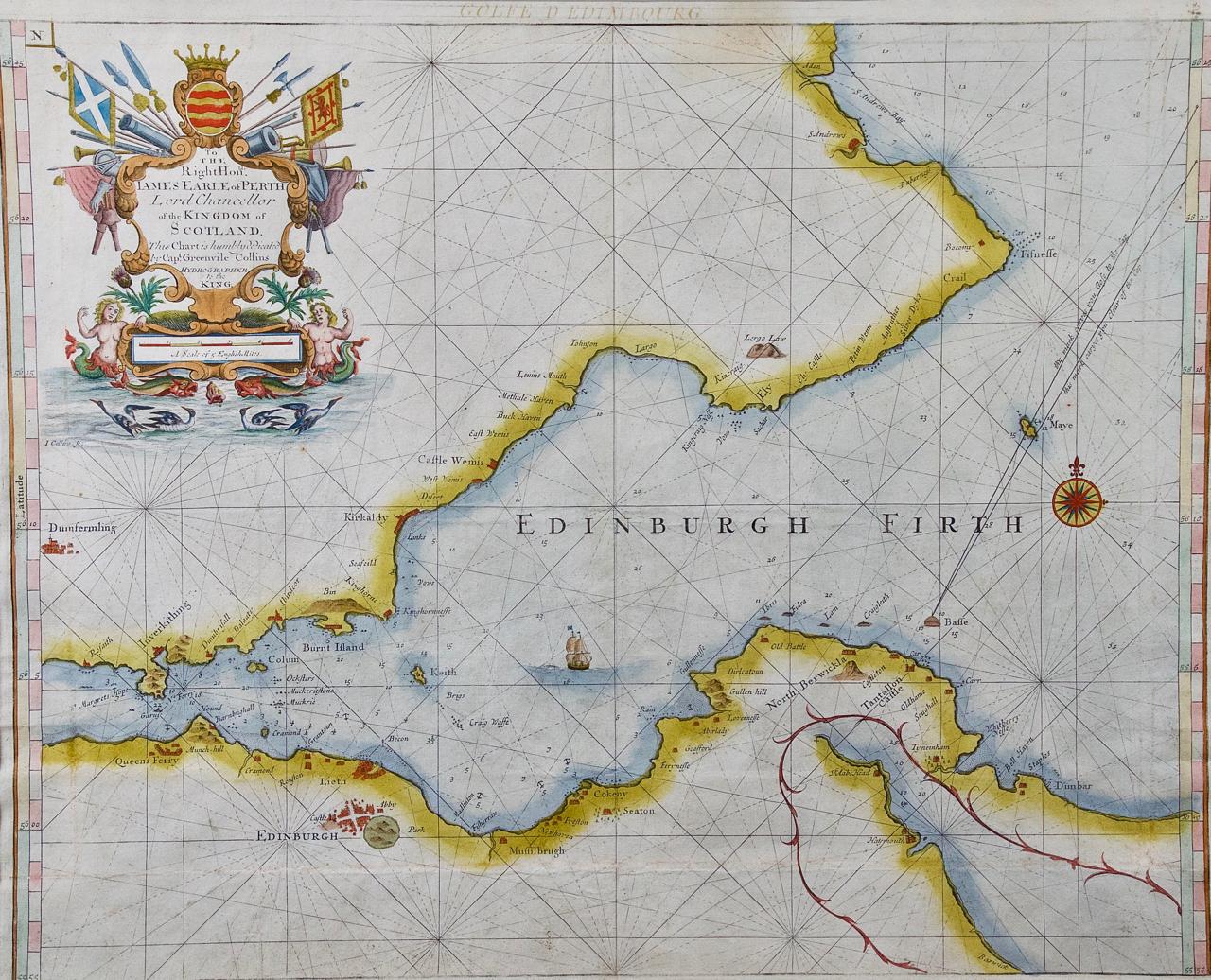 Edinburgh, Scotland: An Original 17th C. Hand-Colored Engraved Sea Chart - Print by Captain Greenvile Collins