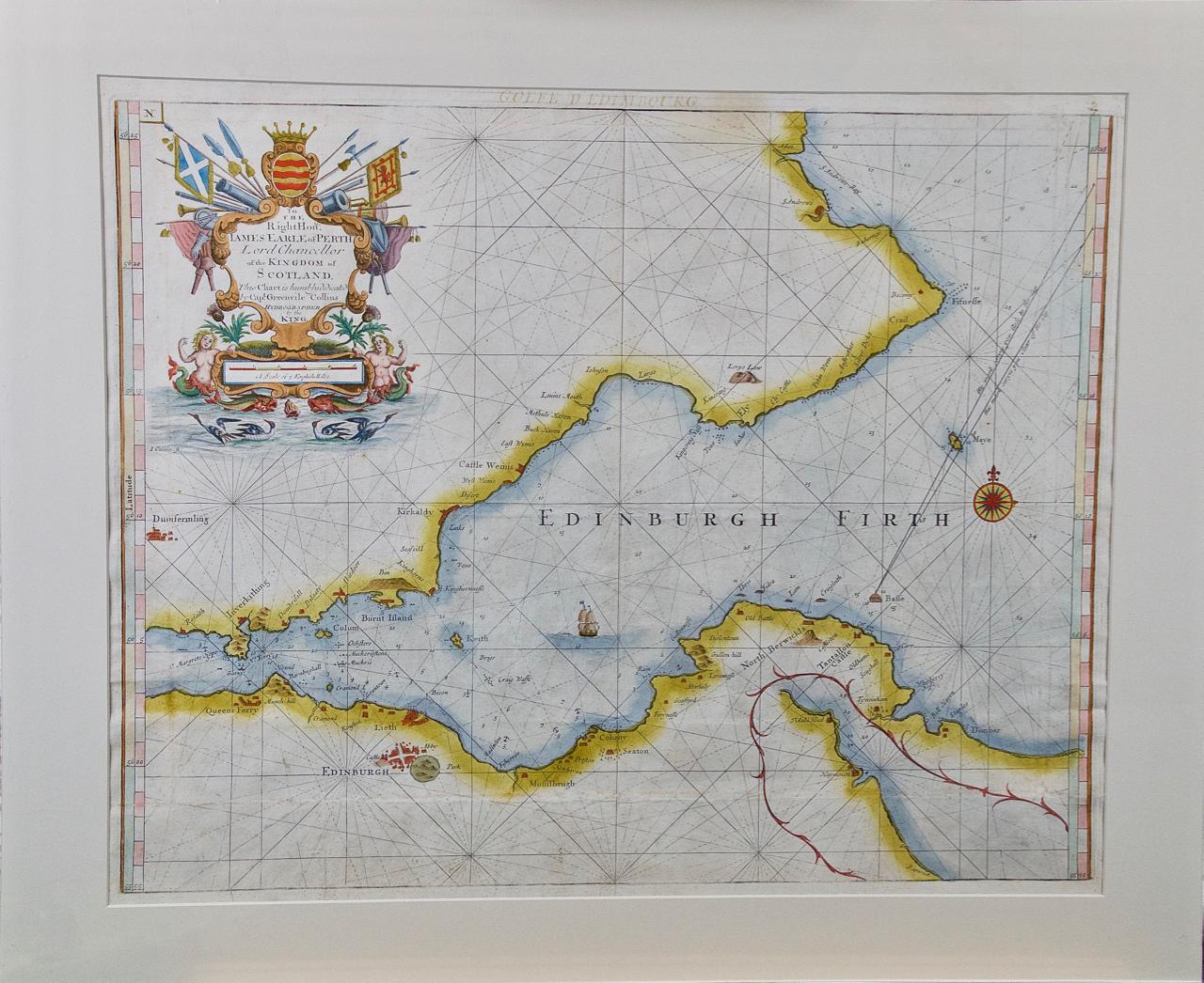 Captain Greenvile Collins Landscape Print - Edinburgh, Scotland: An Original 17th C. Hand-Colored Engraved Sea Chart