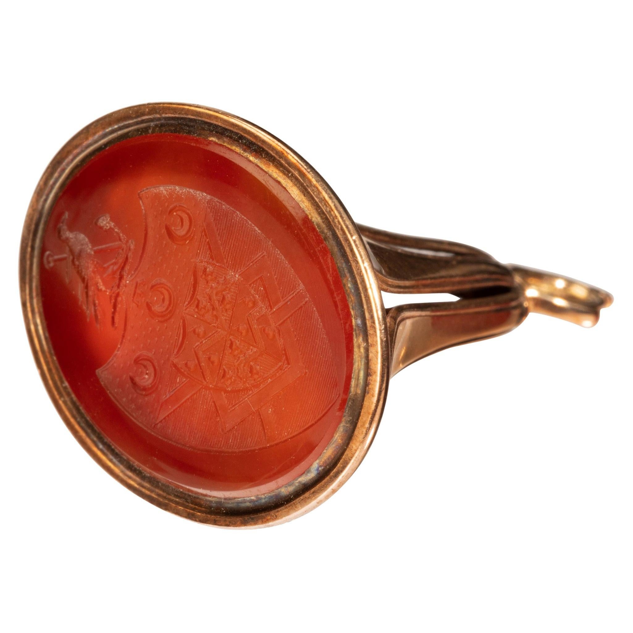 Captain Hood’s Gold and Hardstone Armorial Fob Seal For Sale