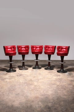 Captain's Barsessel mit roter Lederpolsterung und Stahlfuß, 5er-Set