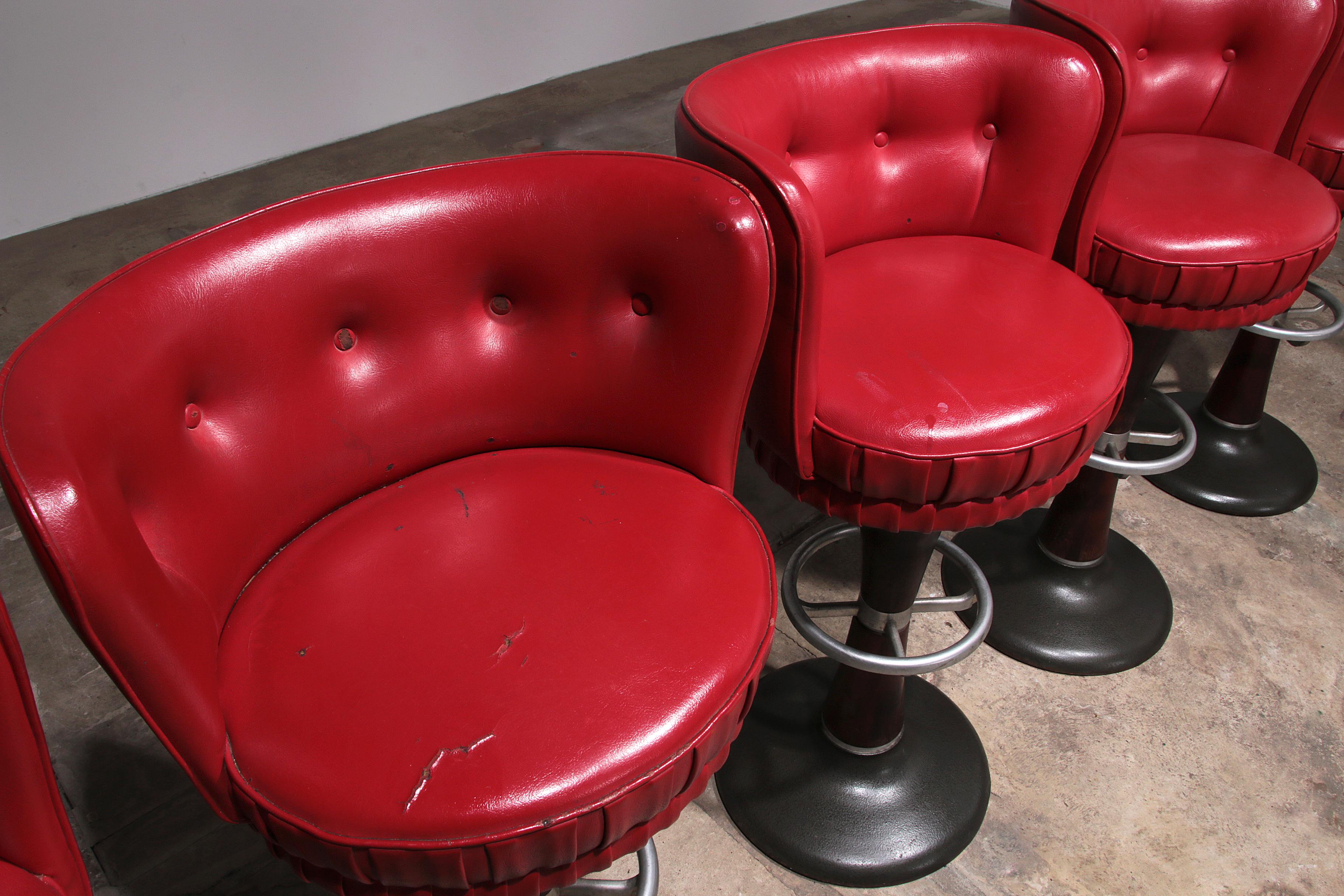 Captain's Bar Chair with Red Leather Upholstery and Steel Base set off 5 For Sale 2