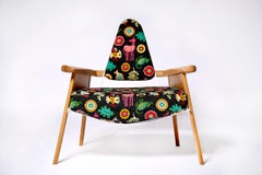 “Captain’s Chair” Solid Oak, Lacquered Steel, Upholstered Modern Lounge Chair