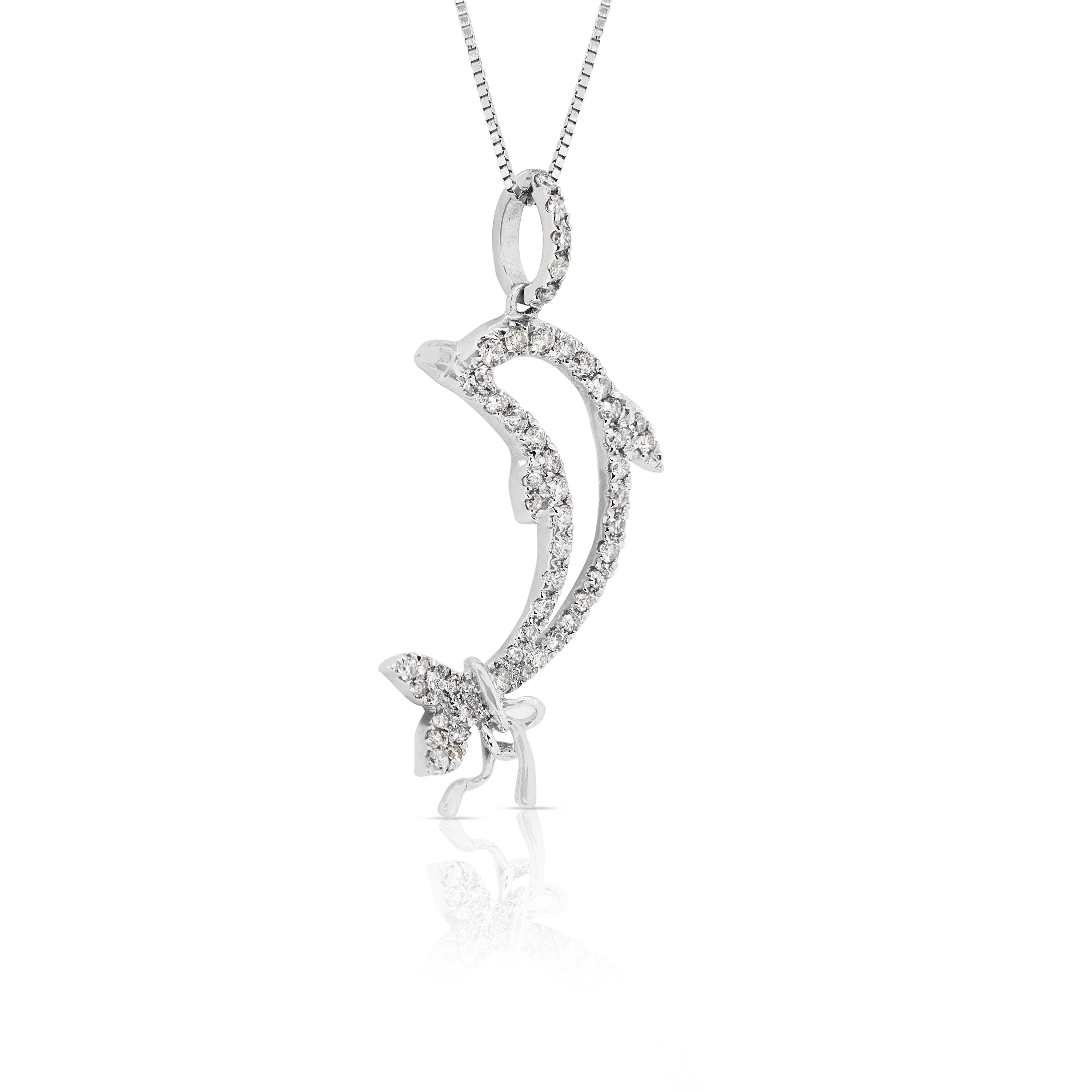 Taille ronde Captivant collier en or blanc 14 carats avec diamants naturels en forme de dauphin de 0,4 carat en vente
