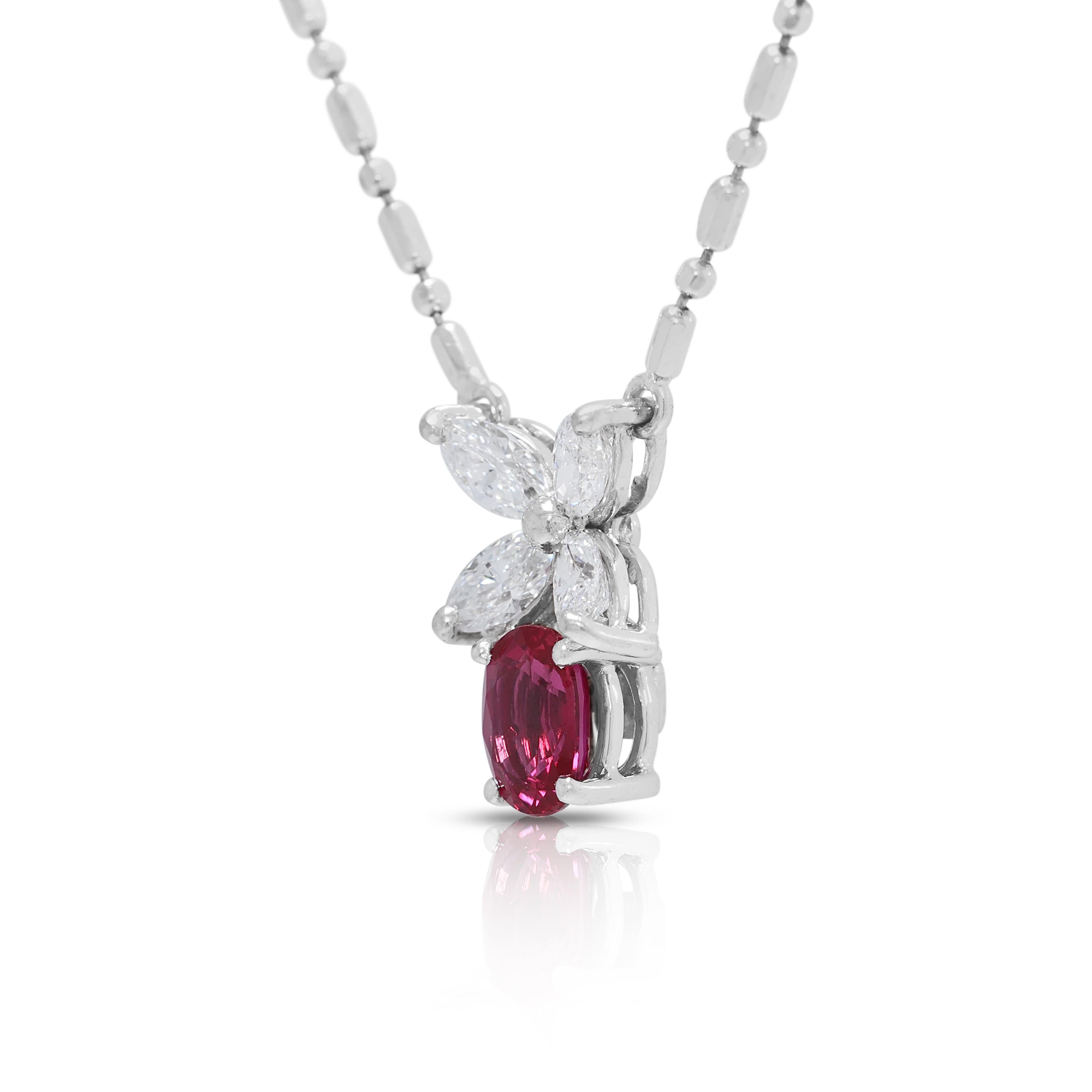 Oval Cut Captivating 0.63ct Ruby & Natural Diamond 18K White Gold Necklace For Sale