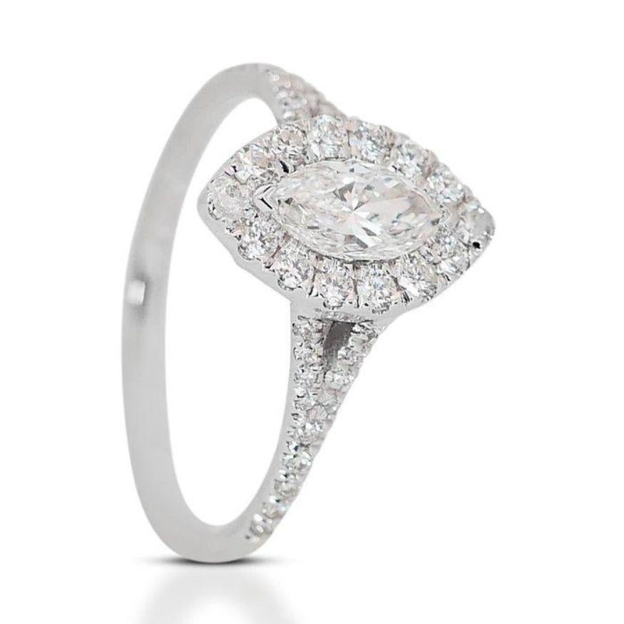 Marquise Cut Captivating 0.87ct Marquise and Round Brilliant Diamond Ring in 18K White Gold For Sale