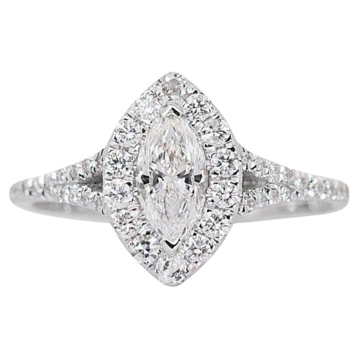 Captivating 0.87ct Marquise and Round Brilliant Diamond Ring in 18K White Gold For Sale