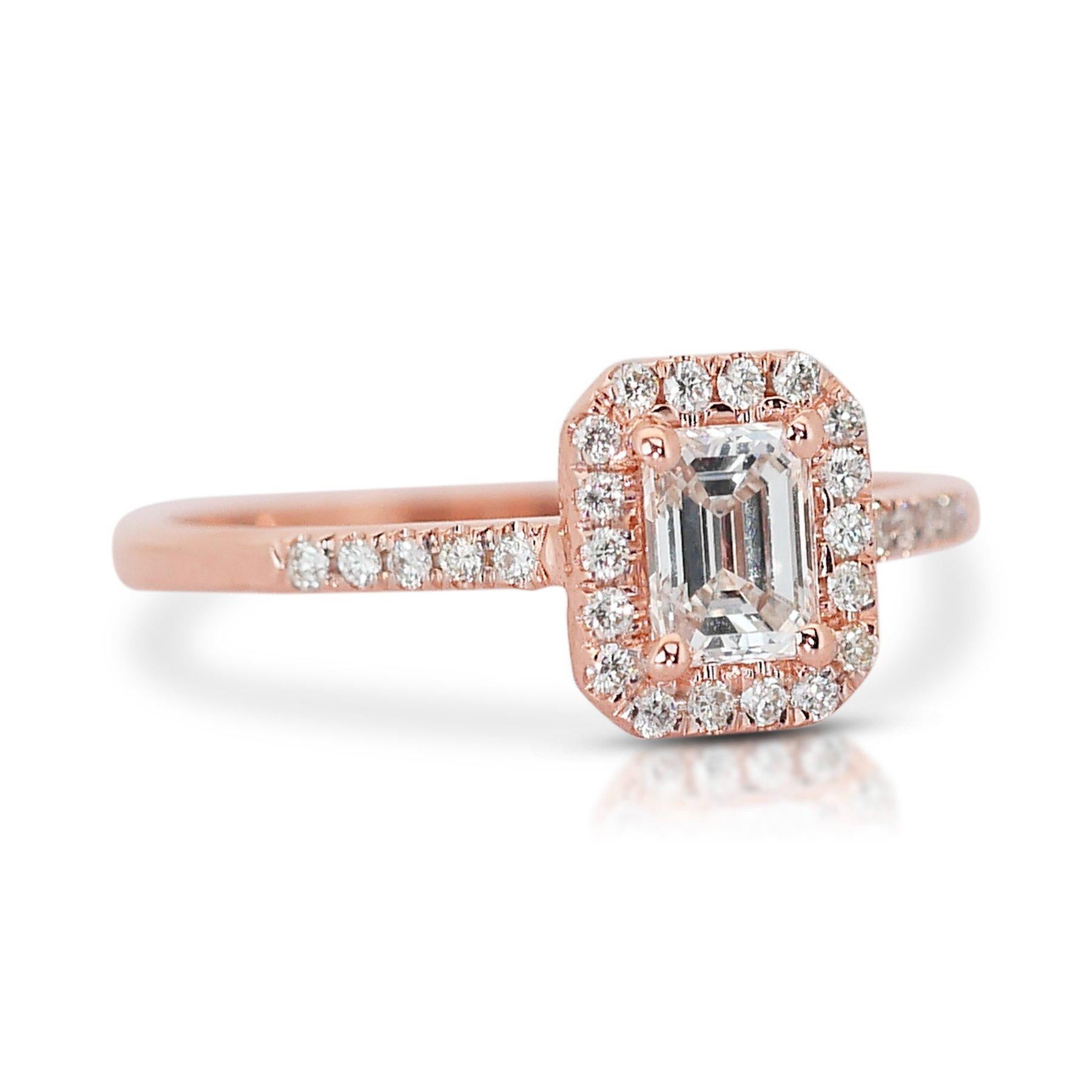 Emerald Cut Captivating 0.90ct Diamonds Halo Ring in 18k Rose Gold - GIA Certified  For Sale
