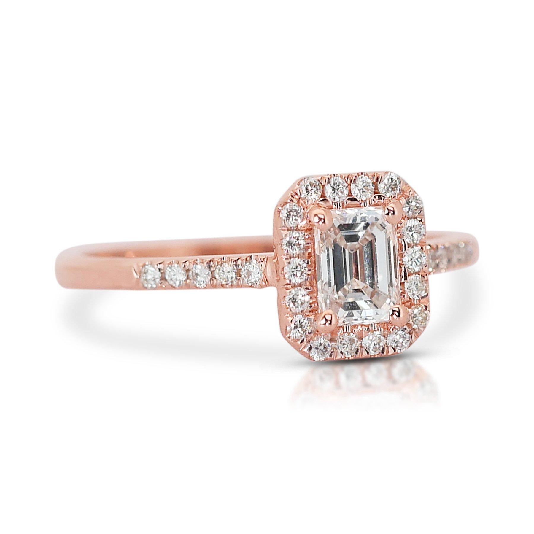 Emerald Cut Captivating 0.90ct Diamonds Halo Ring in 18k Rose Gold - GIA Certified