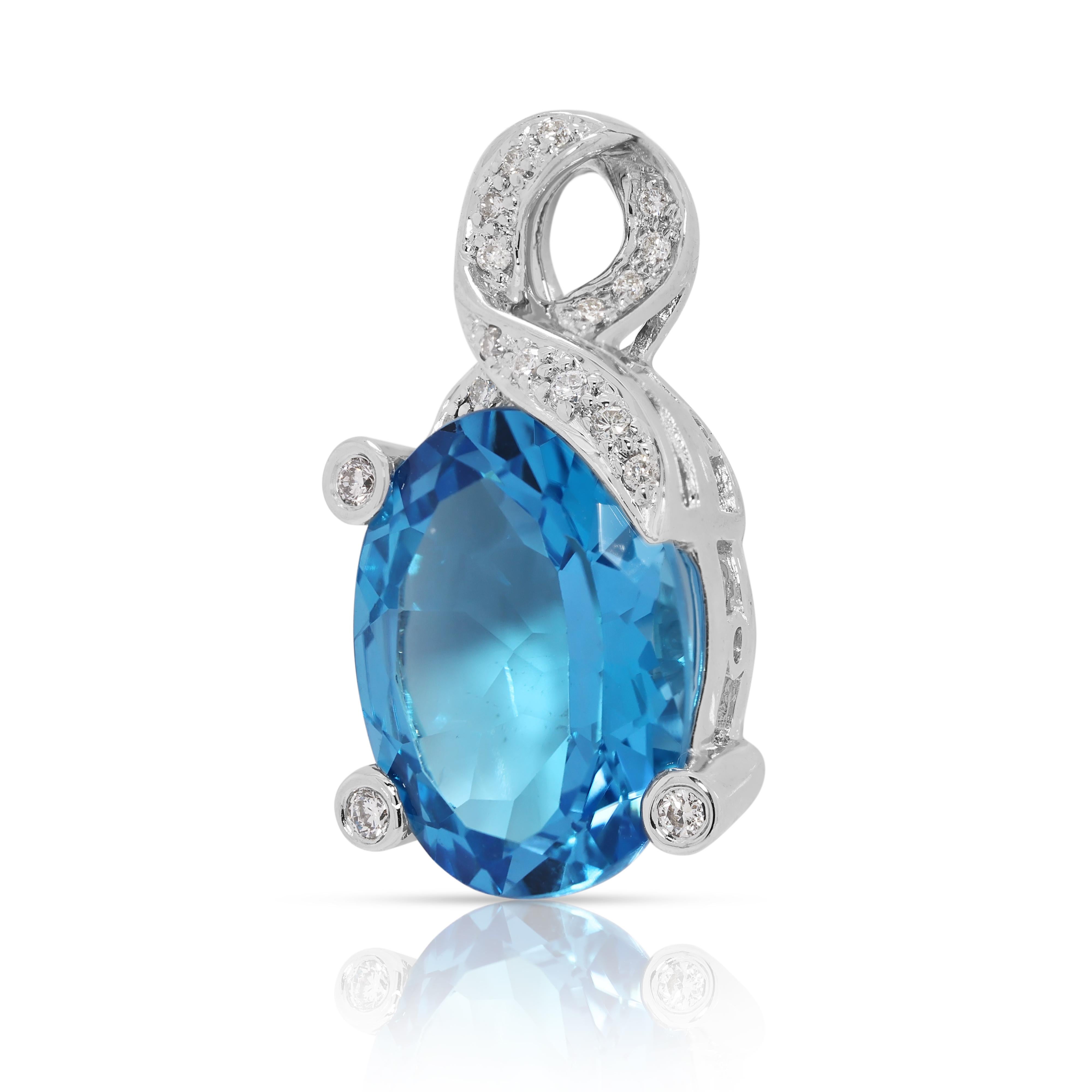 Taille ovale Captivant pendentif en or blanc 18 carats avec topaze bleue et diamant naturel de 10,22 carats en vente