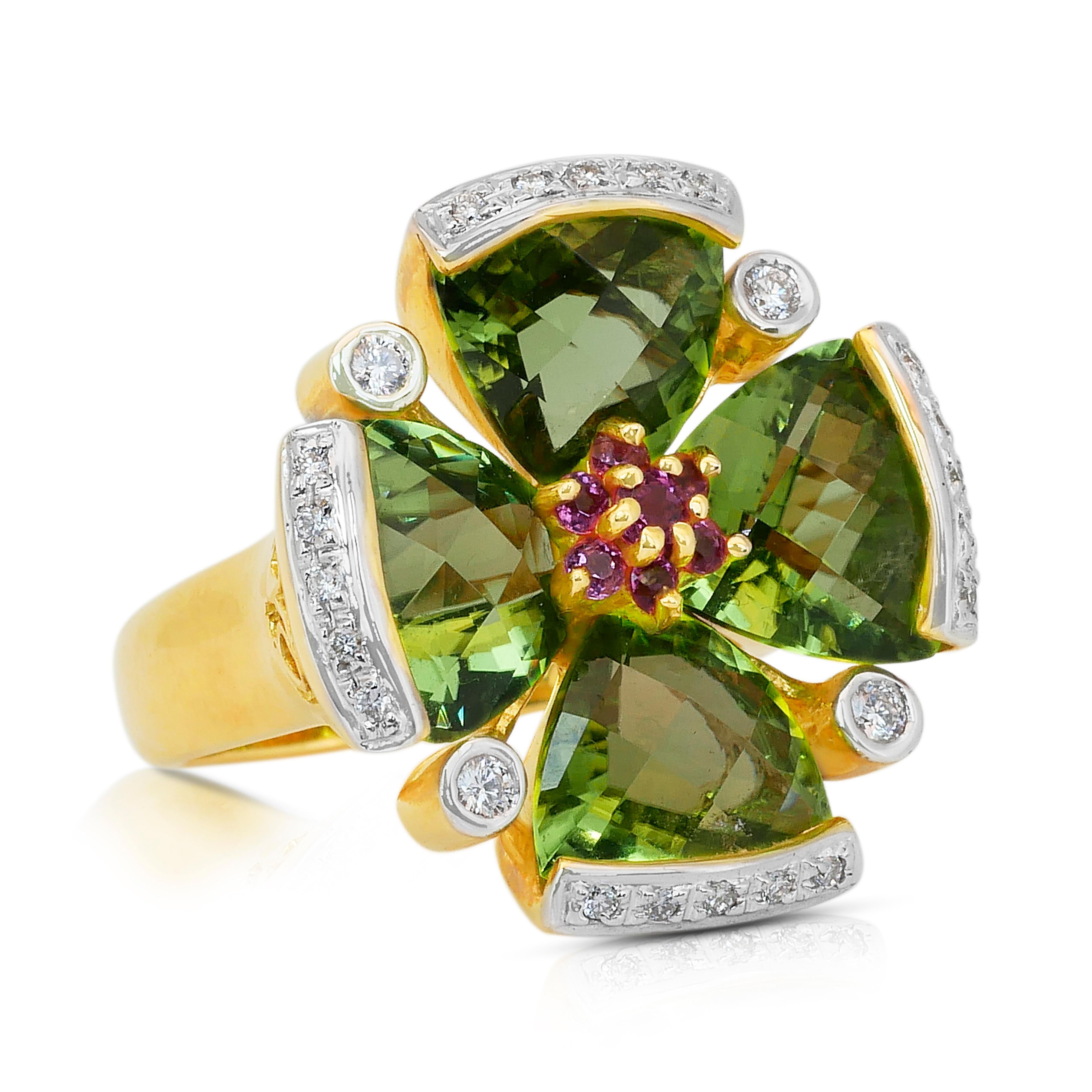 Captivating 10.49ct Peridots, Tourmalines, and Diamonds Cocktail Ring in 18k Yellow & White Gold - IGI Certified

A striking blend of artistry and color, this luxurious cocktail ring is crafted in a mix of 18k yellow and white gold, showcasing four
