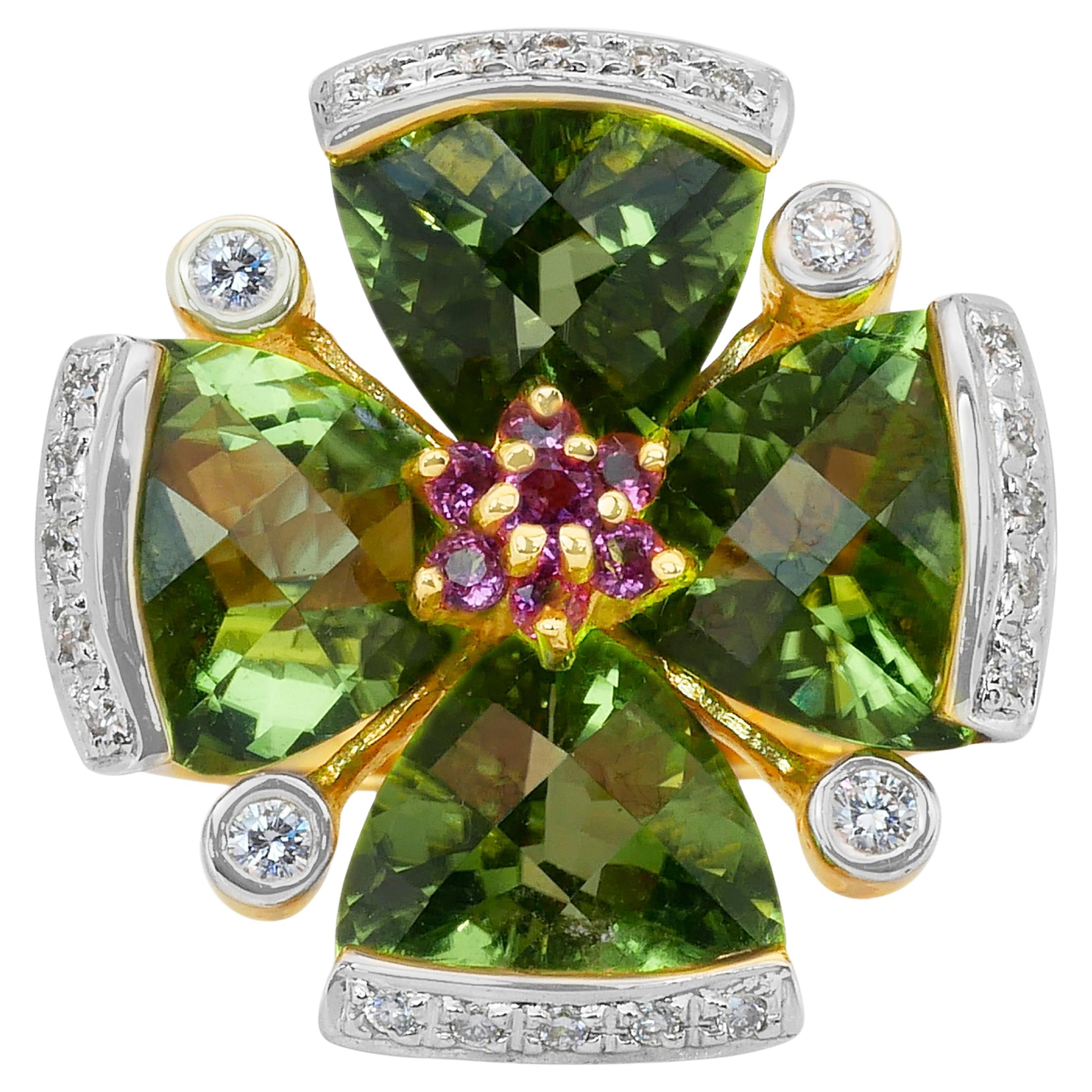 Captivating 10.49ct Peridots, Tourmalines, and Diamonds Cocktail Ring