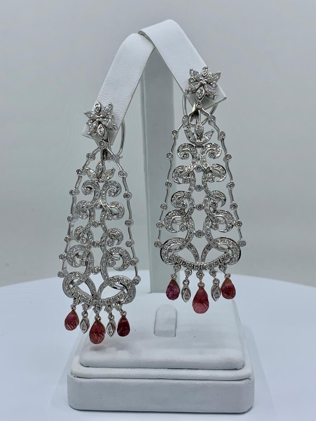 10.80 Carat Diamond and Pink Sapphire Christmas Tree Design Chandelier Earrings For Sale 4