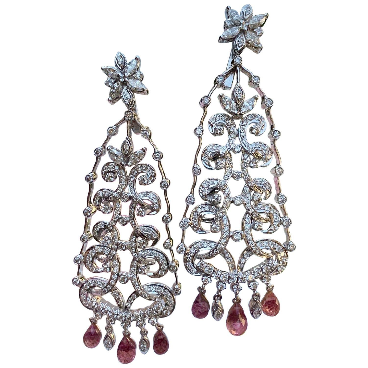 10.80 Carat Diamond and Pink Sapphire Christmas Tree Design Chandelier Earrings For Sale