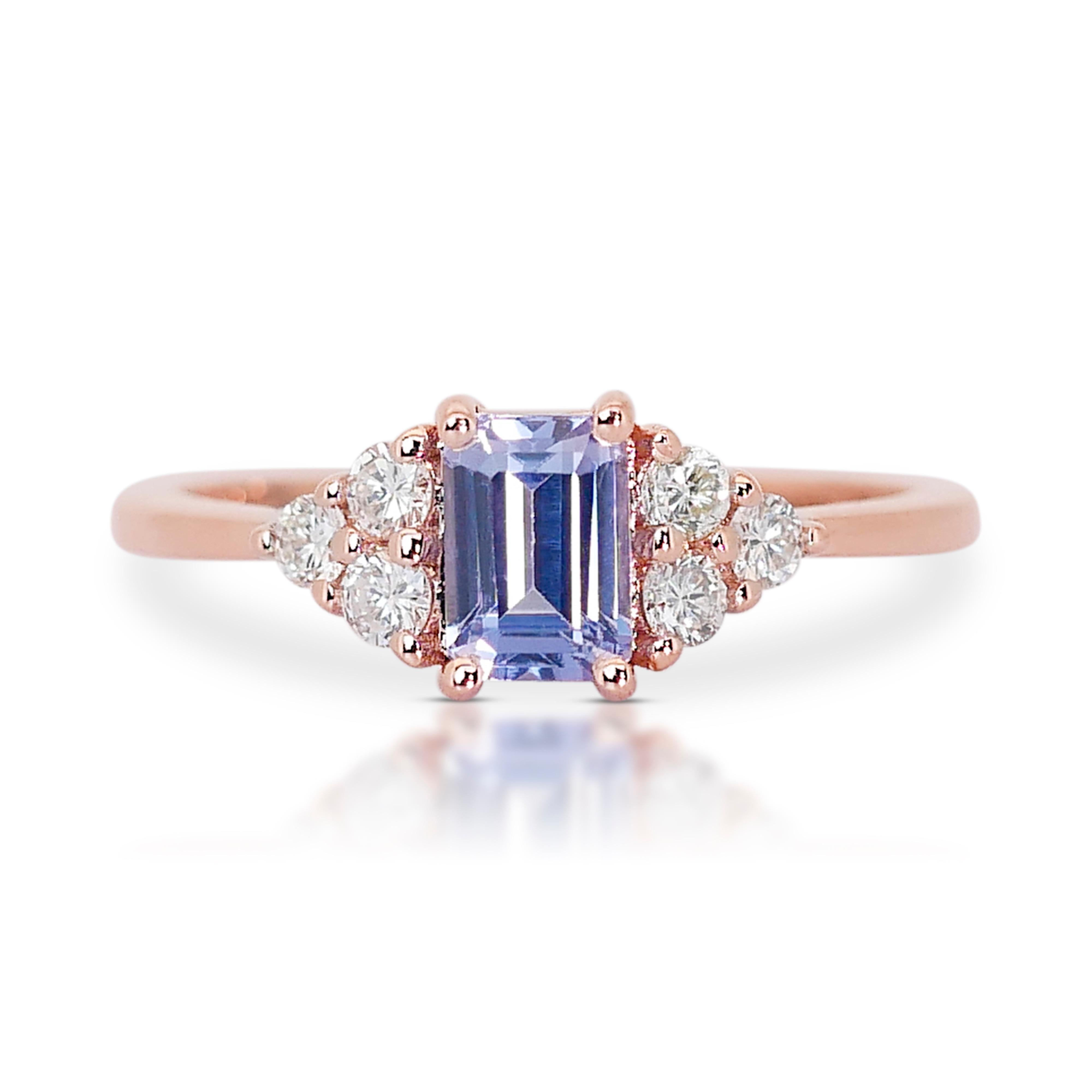 Emerald Cut Captivating 1.14 ct Tanzanite and Diamond Pave Ring in 14k Rose Gold - IGI  For Sale