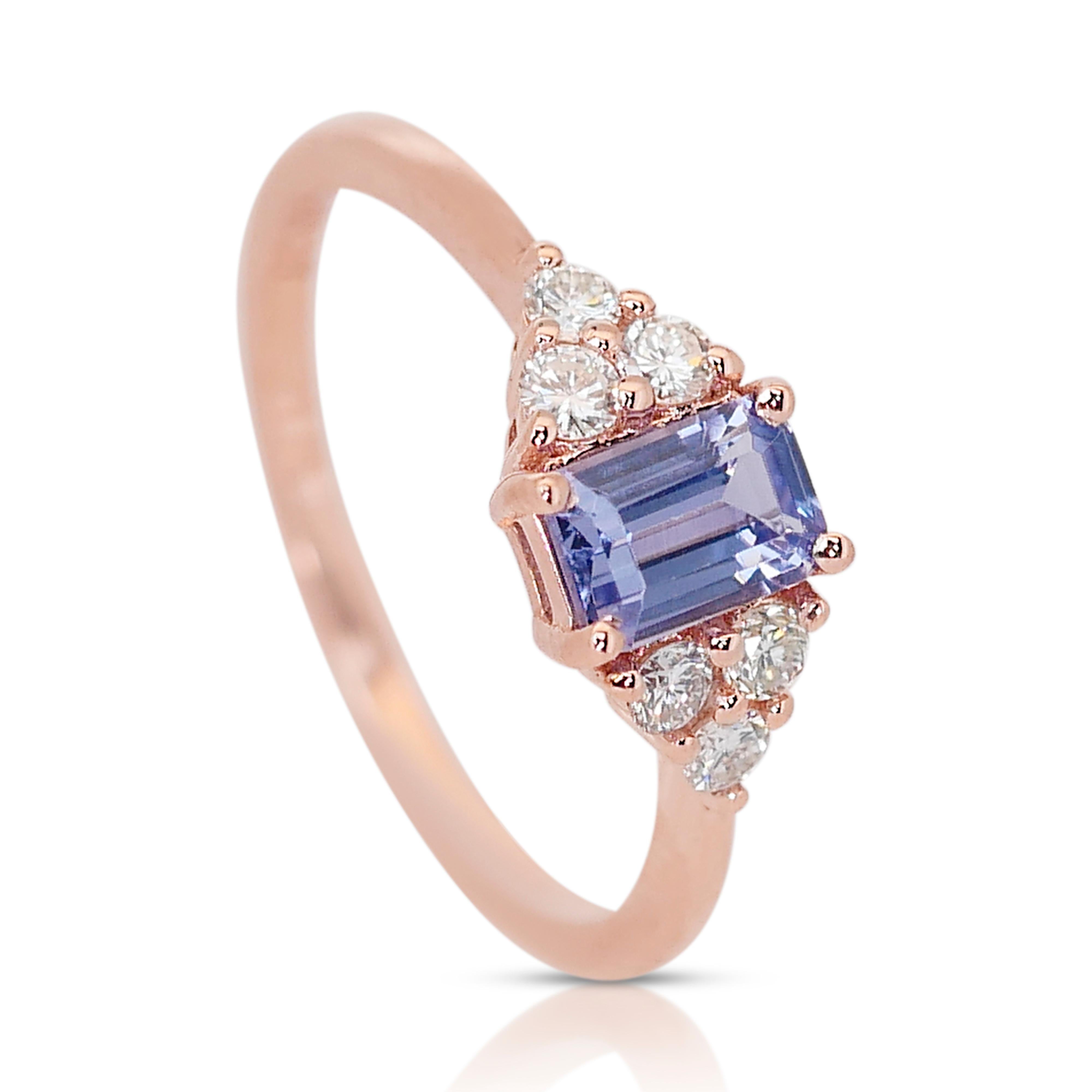 Captivating 1.14 ct Tanzanite and Diamond Pave Ring in 14k Rose Gold - IGI  For Sale 4