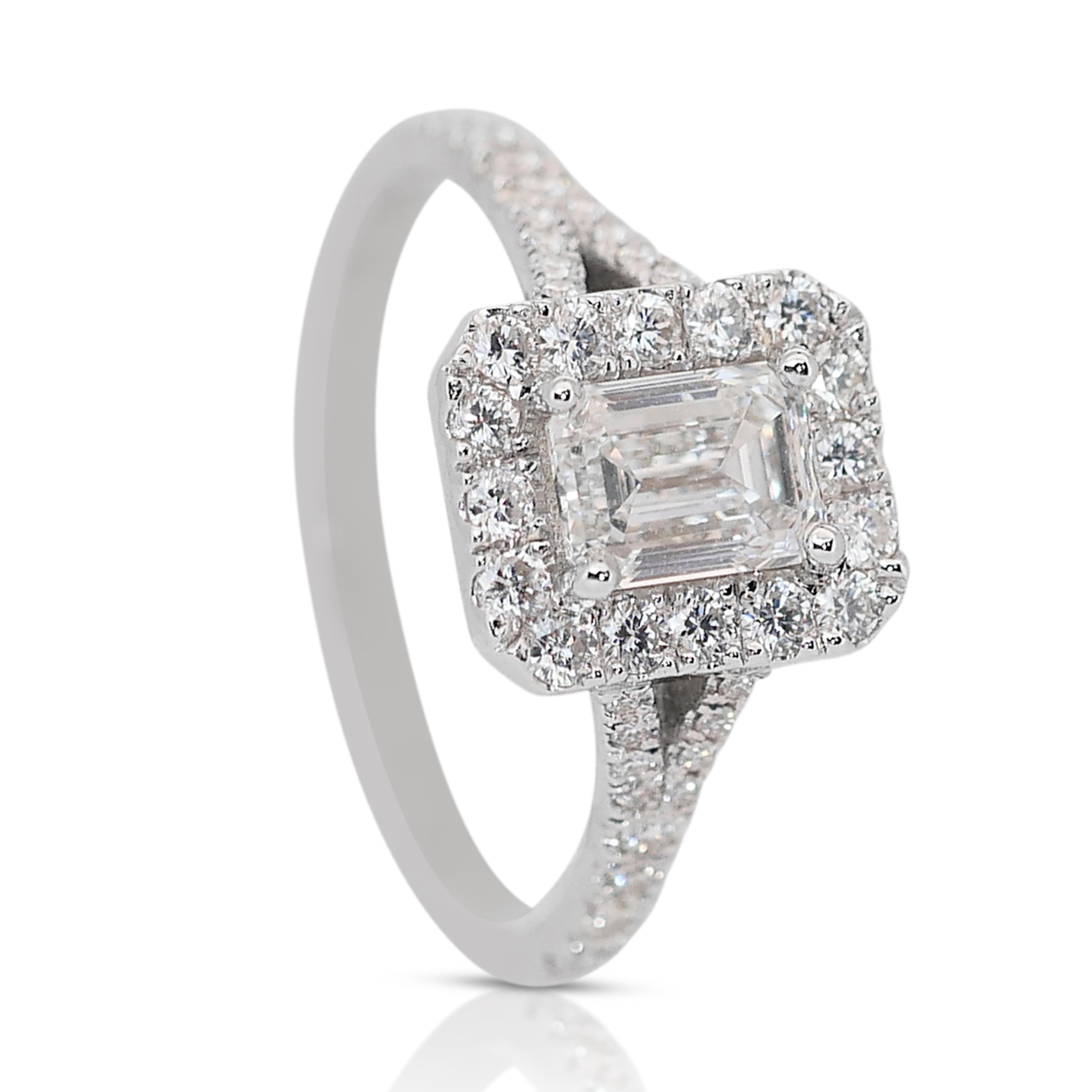 Emerald Cut Captivating 1.15ct Emerald-Cut Diamond Halo Ring in 18k White Gold - GIA  For Sale