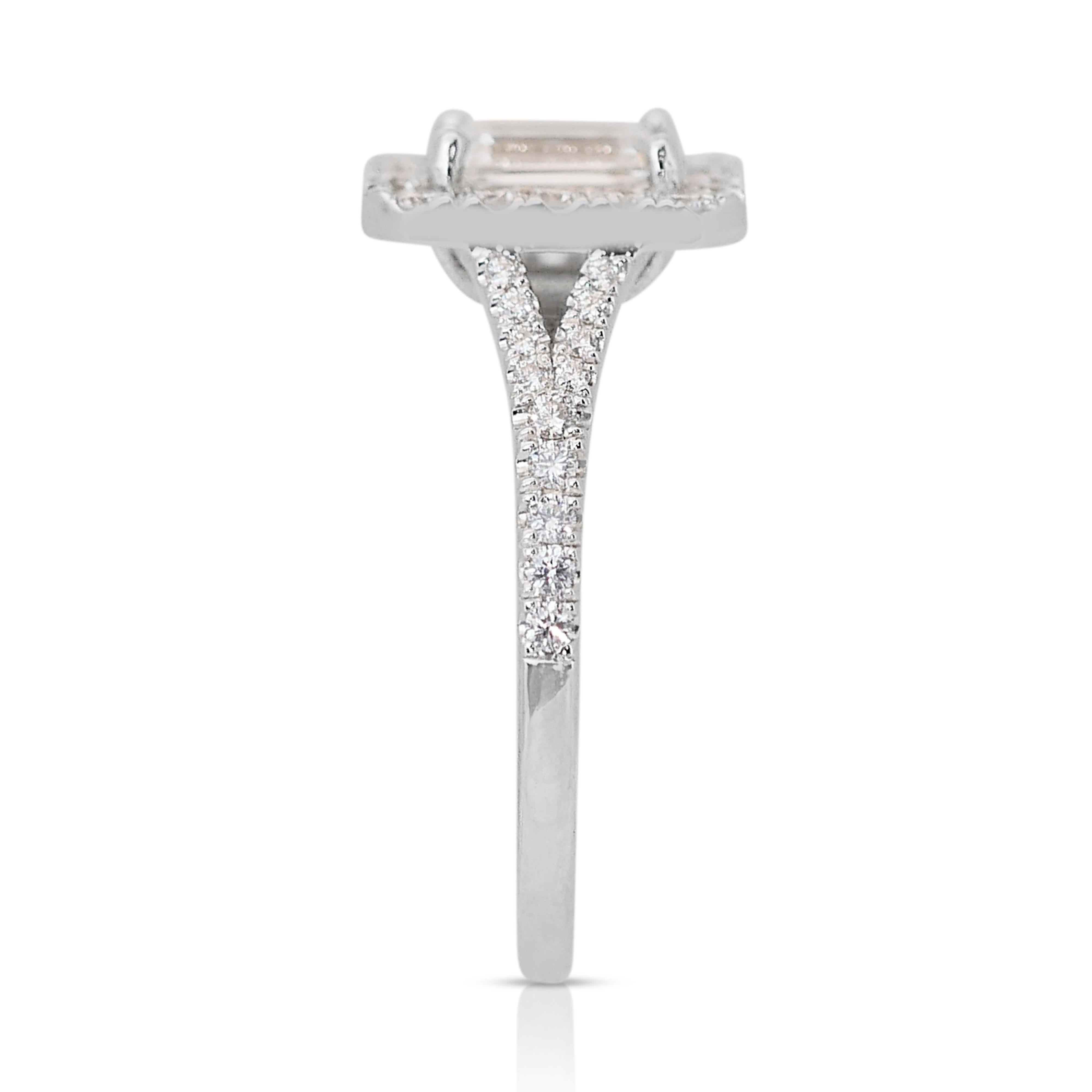 Captivating 1.15ct Emerald-Cut Diamond Halo Ring in 18k White Gold - GIA  For Sale 2