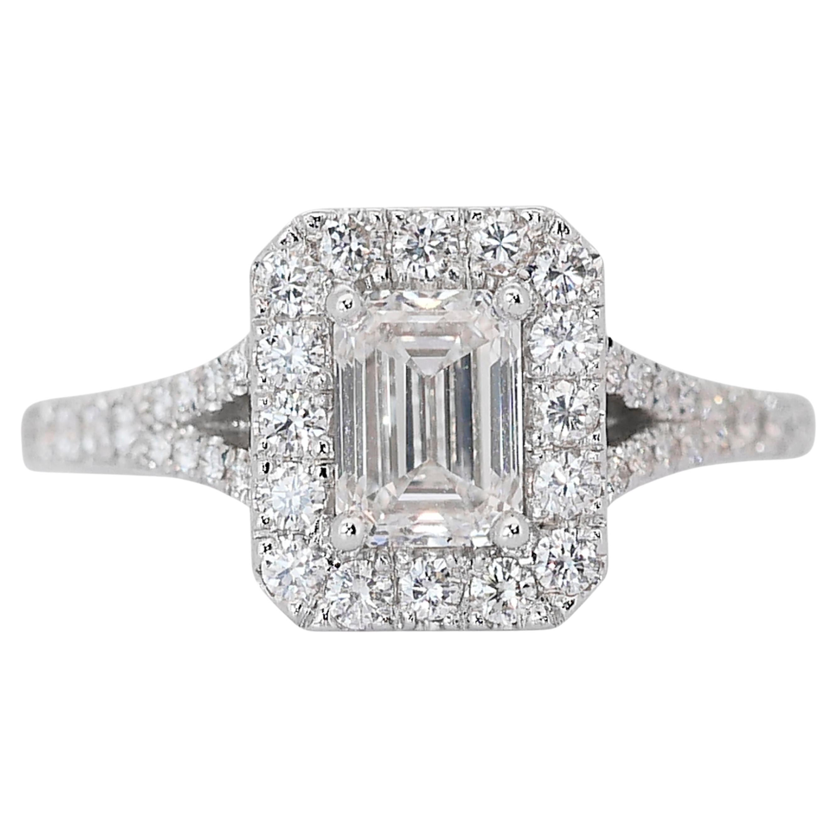 Captivating 1.15ct Emerald-Cut Diamond Halo Ring in 18k White Gold - GIA  For Sale
