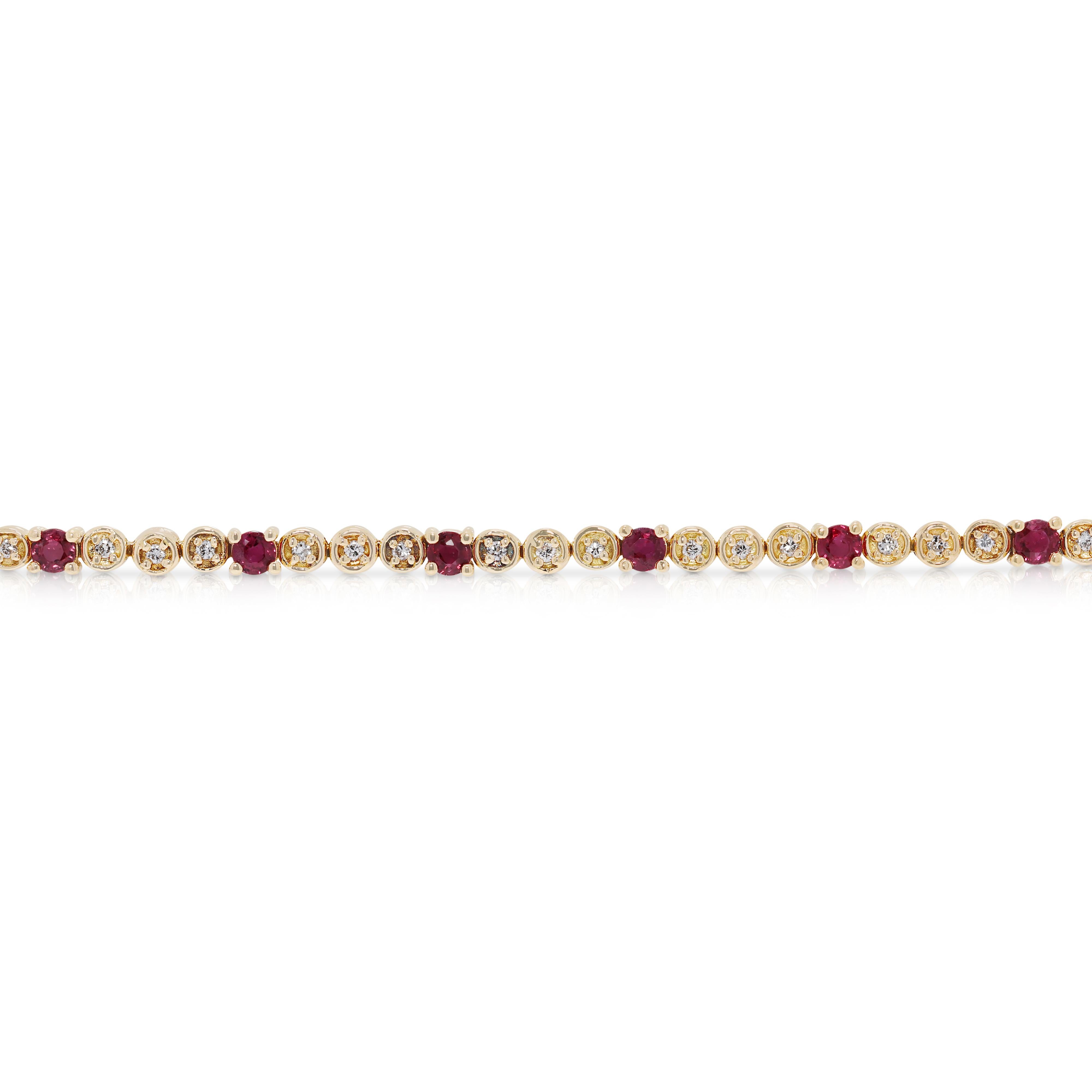 Captivating 1.26ct Ruby and Natural Diamond Tennis Bracelet in 18K Yellow Gold For Sale 1