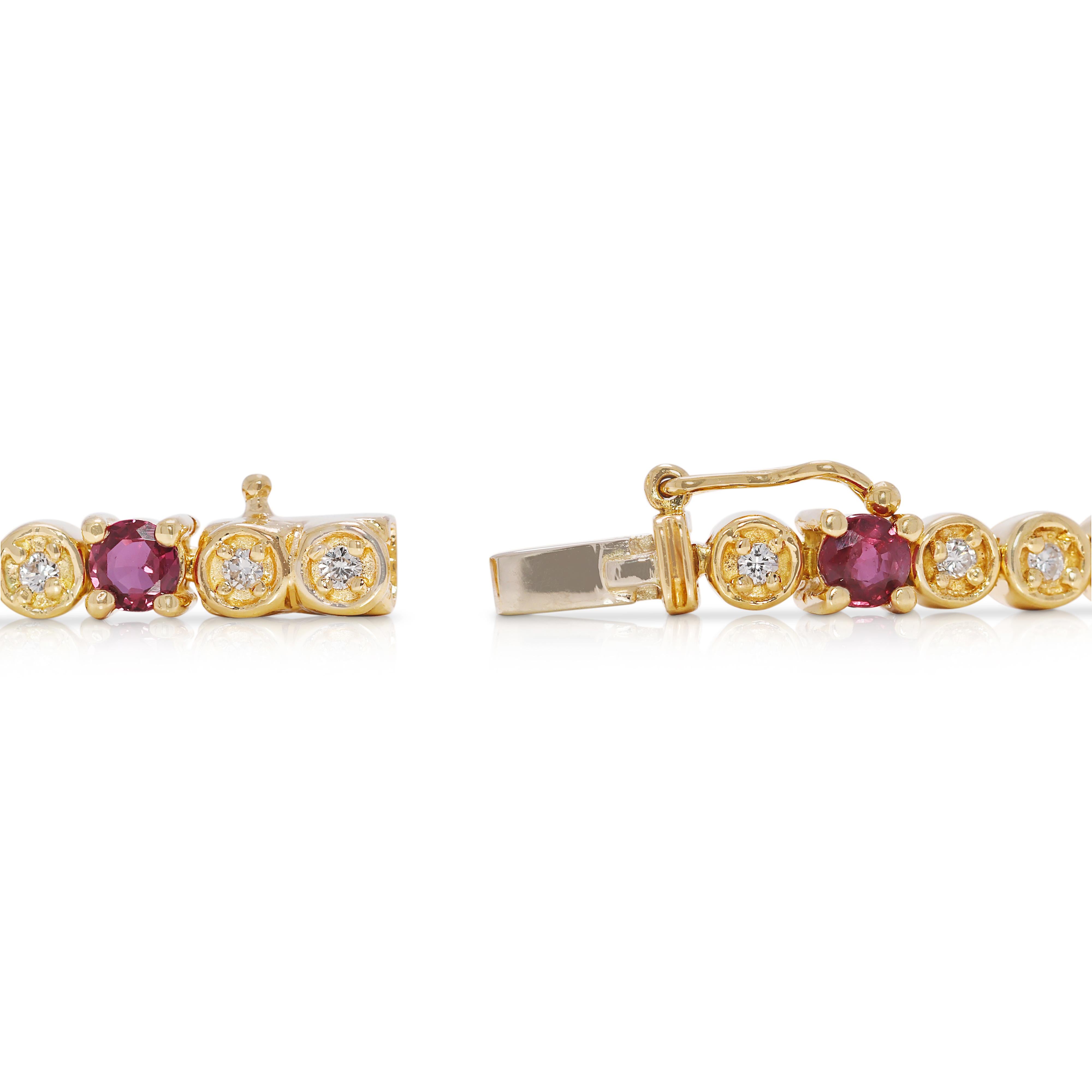 Captivating 1.26ct Ruby and Natural Diamond Tennis Bracelet in 18K Yellow Gold For Sale 2