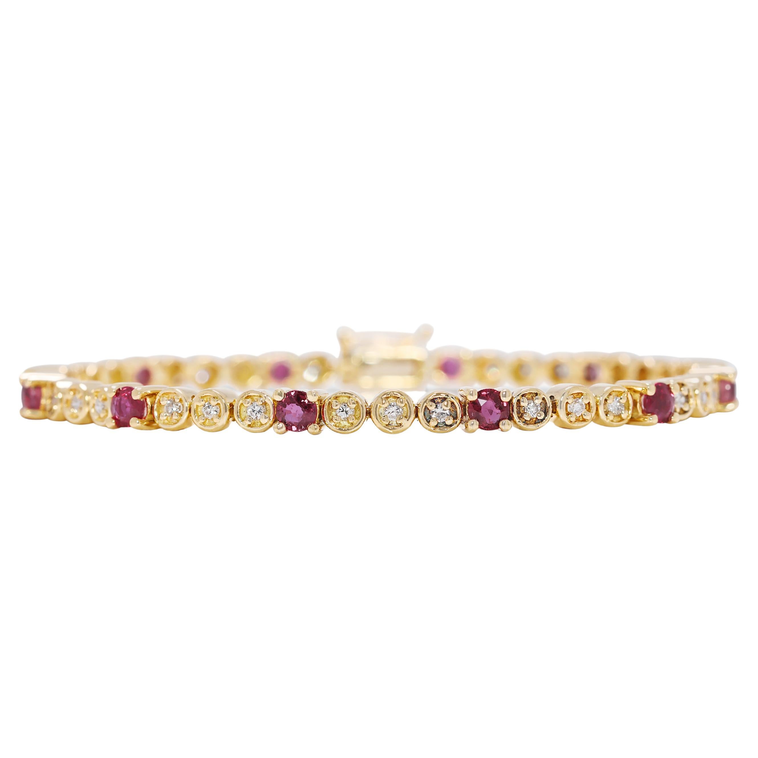 Captivating 1.26ct Ruby and Natural Diamond Tennis Bracelet in 18K Yellow Gold For Sale