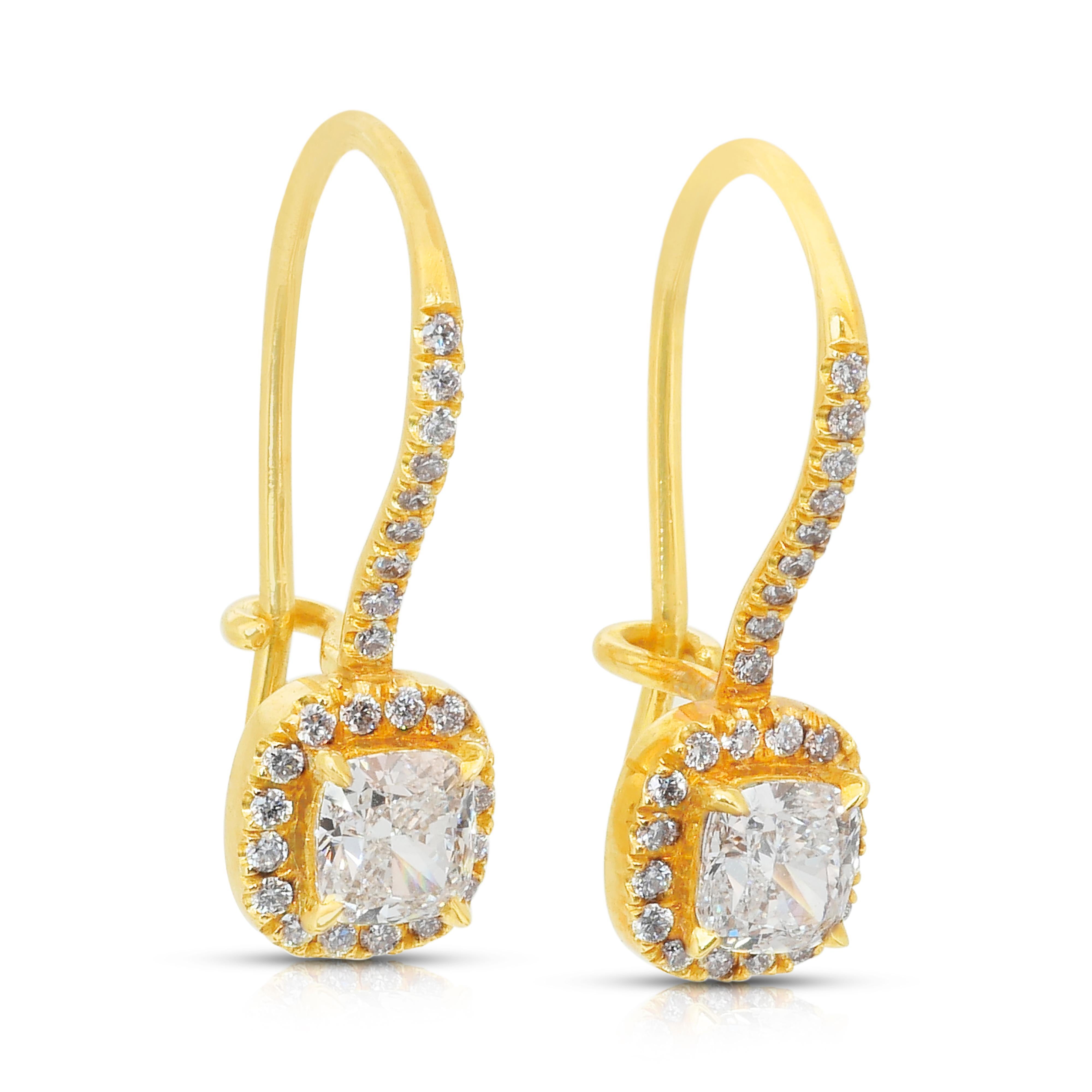 Taille coussin Boucles d'oreilles pendantes en or jaune 18 carats de 1,28 ct de diamants - certifiées GIA en vente