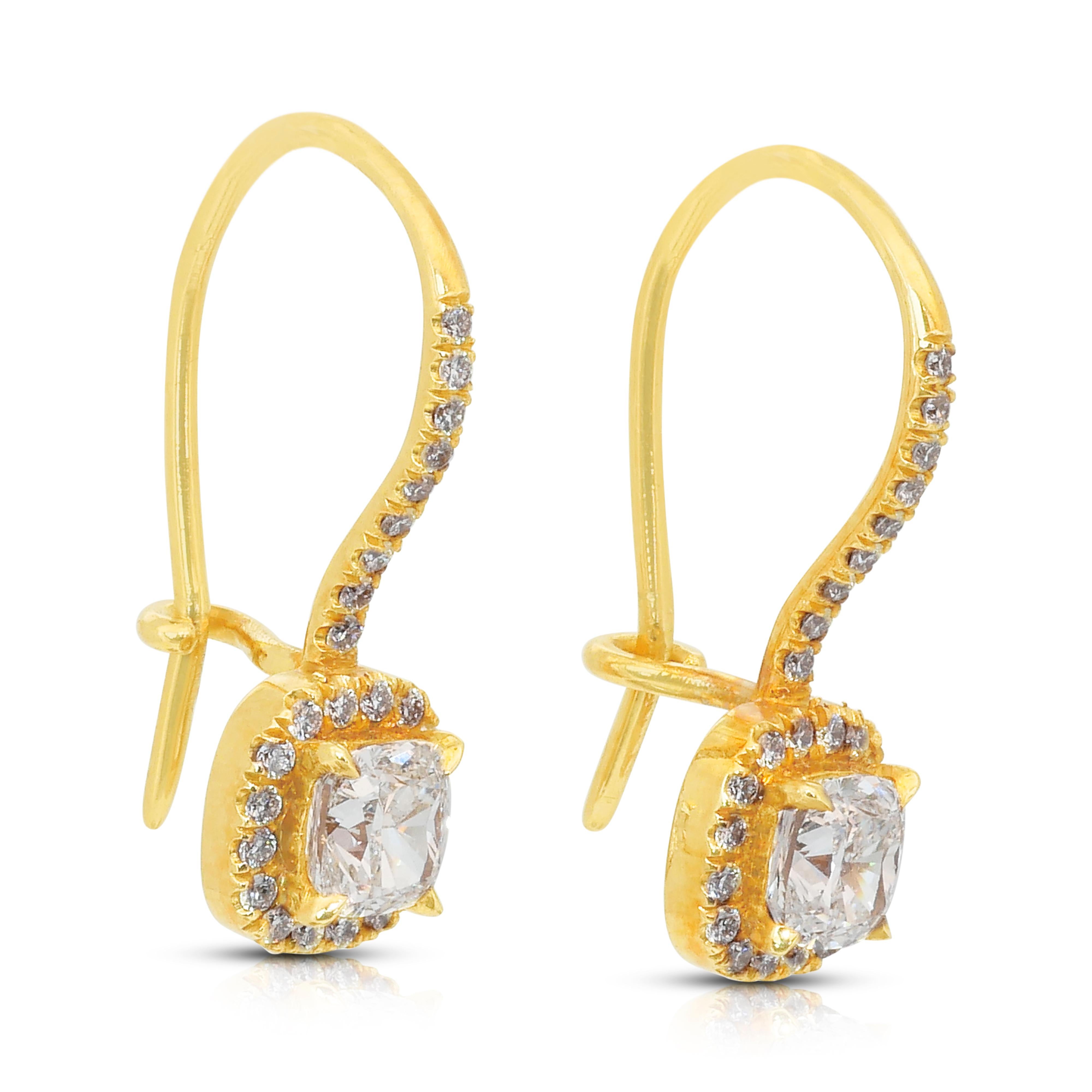 Boucles d'oreilles pendantes en or jaune 18 carats de 1,28 ct de diamants - certifiées GIA Pour femmes en vente