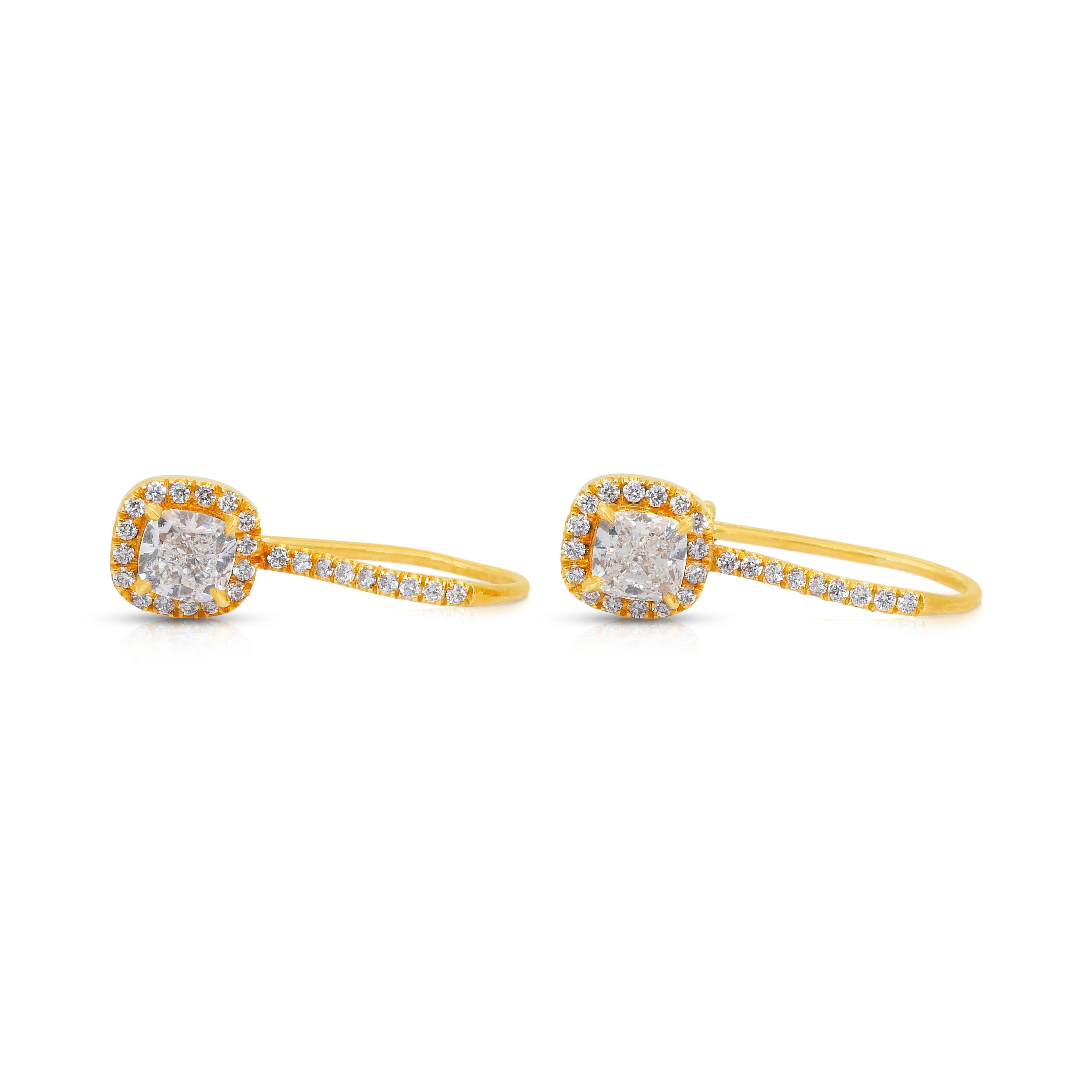 Boucles d'oreilles pendantes en or jaune 18 carats de 1,28 ct de diamants - certifiées GIA en vente 2