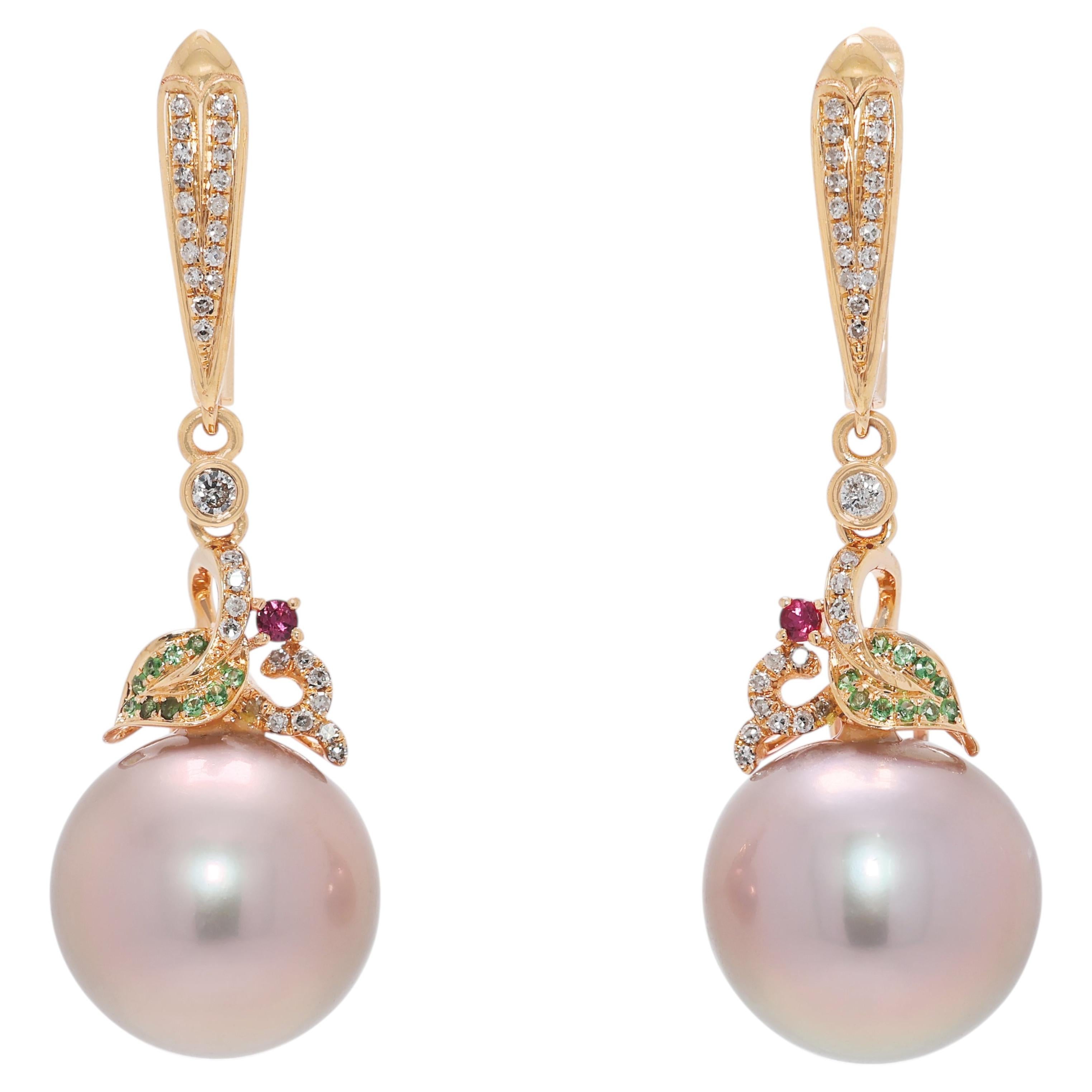 Captivating 12mm Pearl and 0.32ct Garnet, Ruby and Diamond Drop Earrings