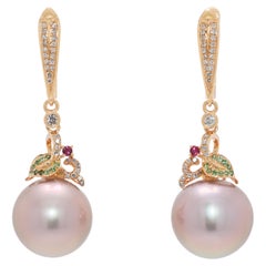 Bezaubernde 12mm Perle und 0,32ct Granat, Rubin und Diamant Tropfenohrringe