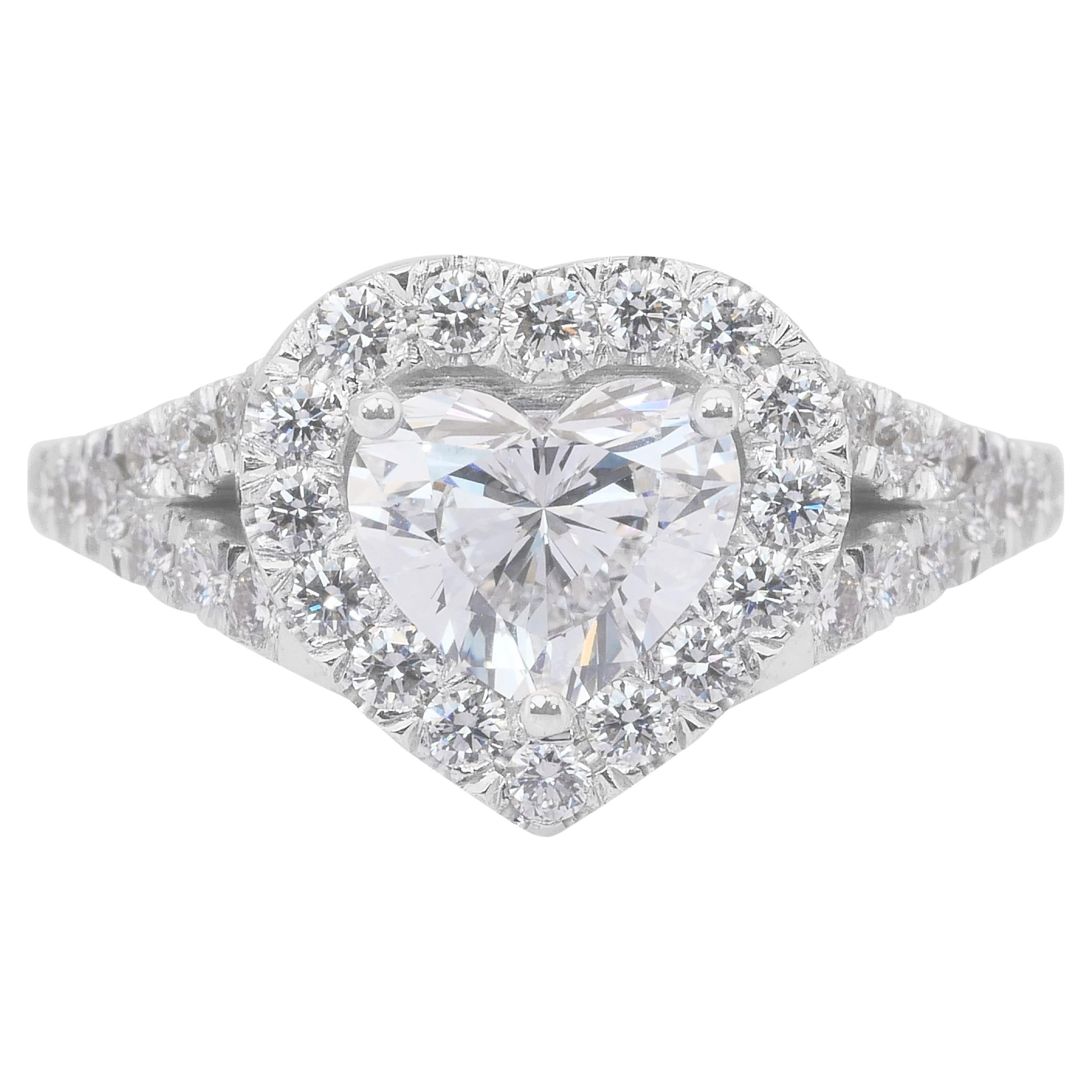 Captivating 1.42ct Diamonds Heart-Shaped Halo Ring in 18k White Gold - GIA