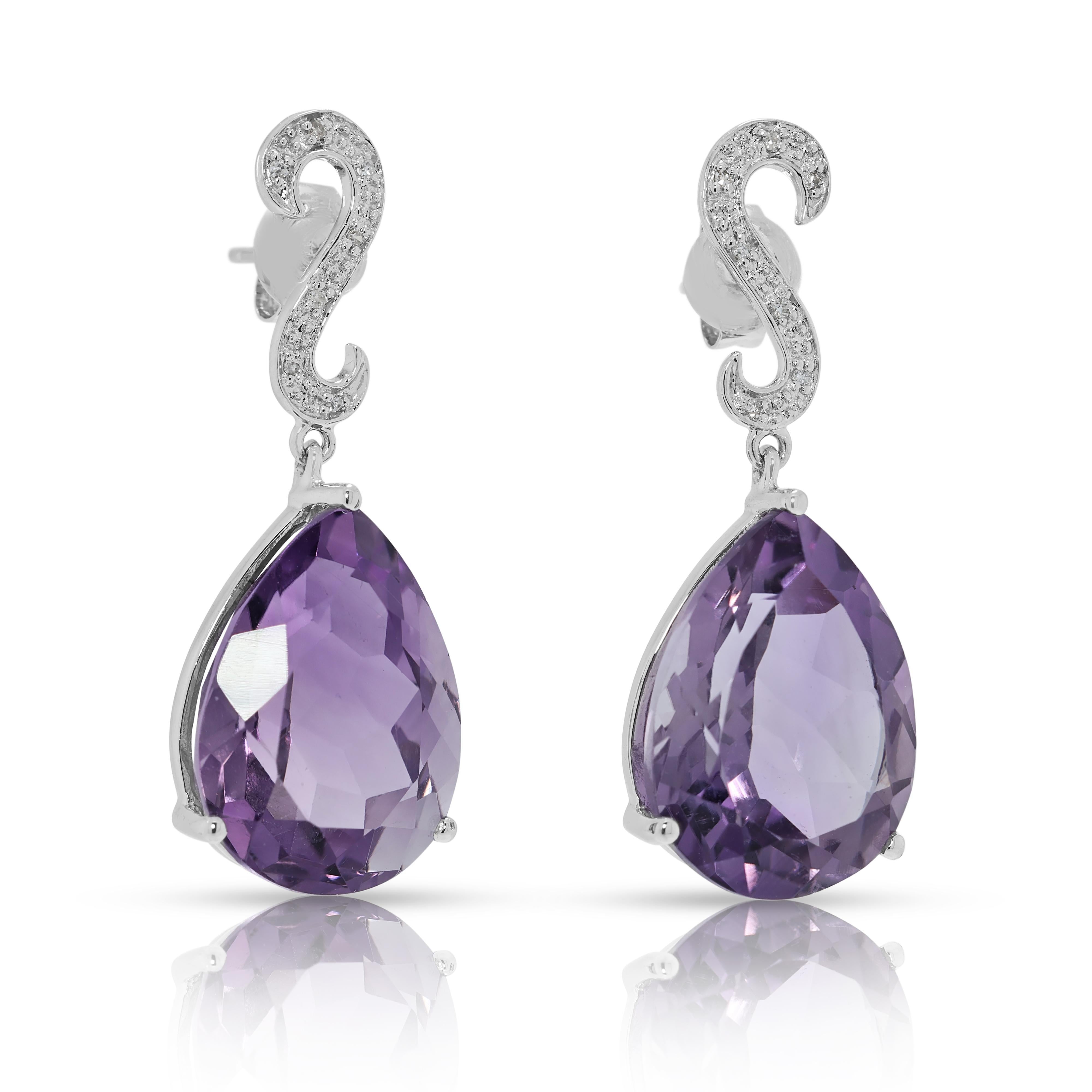 Taille poire Captivating 14.36ct Amethyst & Diamond Drop Earrings in 14K White Gold en vente