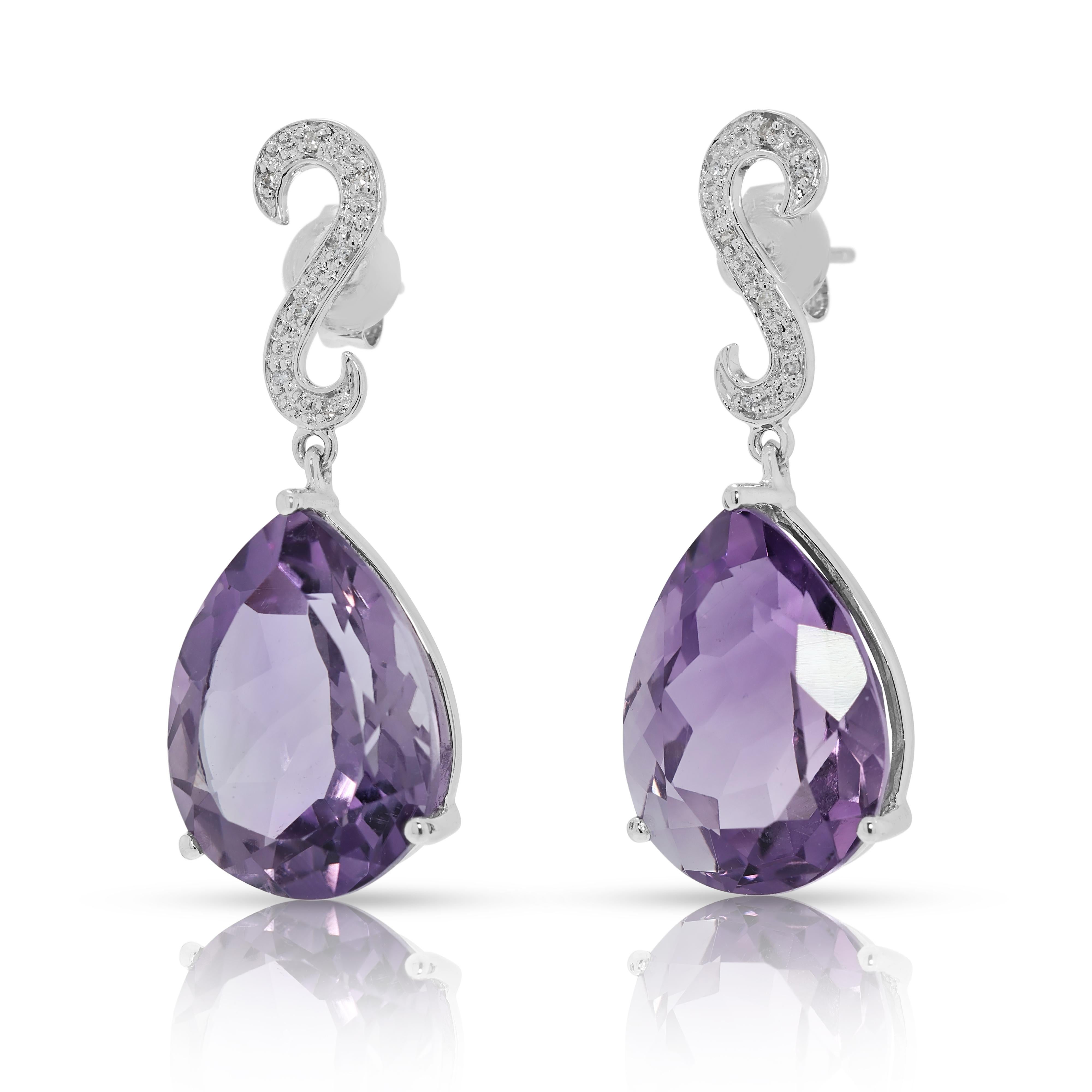 Captivating 14.36ct Amethyst & Diamond Drop Earrings in 14K White Gold Excellent état - En vente à רמת גן, IL