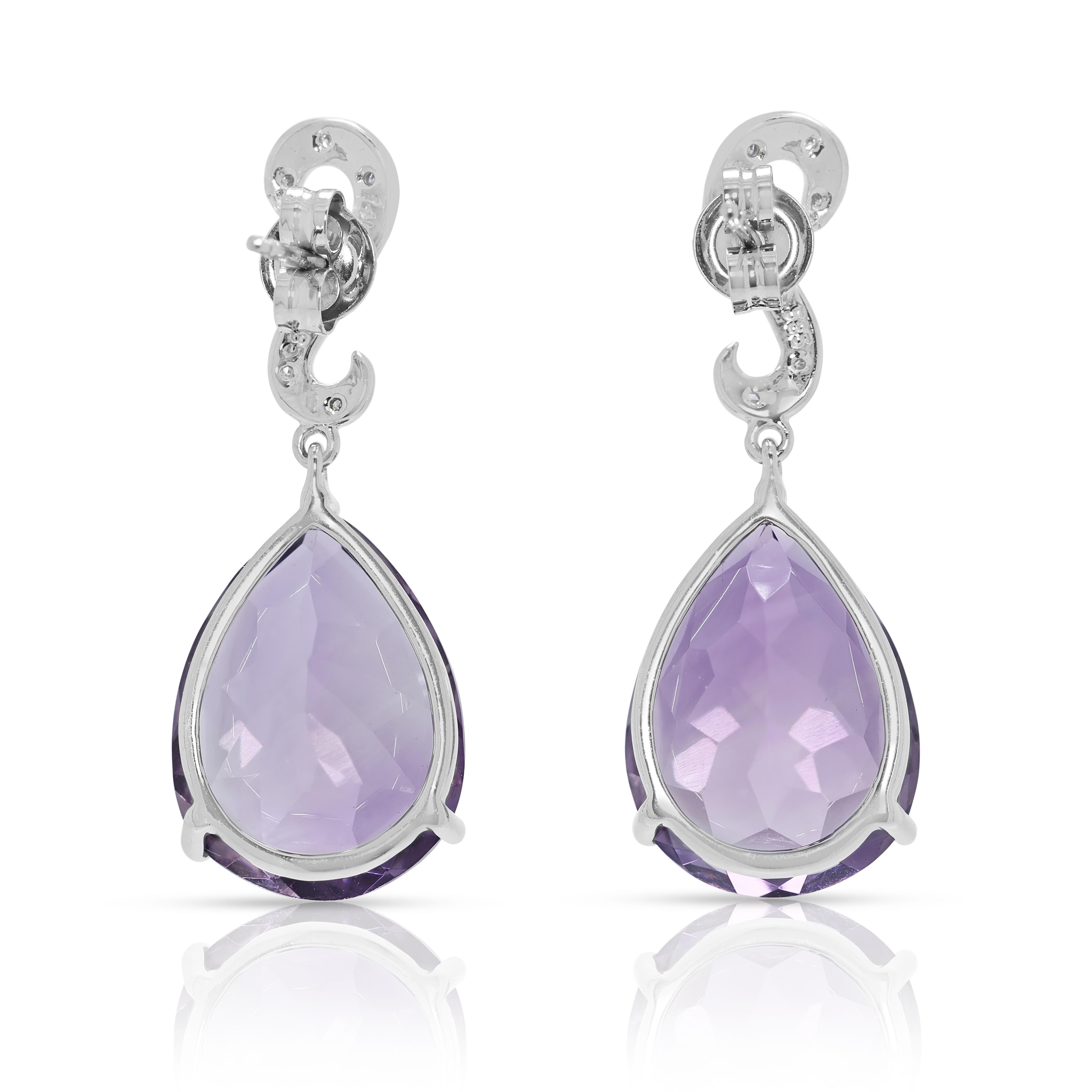 Captivating 14.36ct Amethyst & Diamond Drop Earrings in 14K White Gold en vente 1