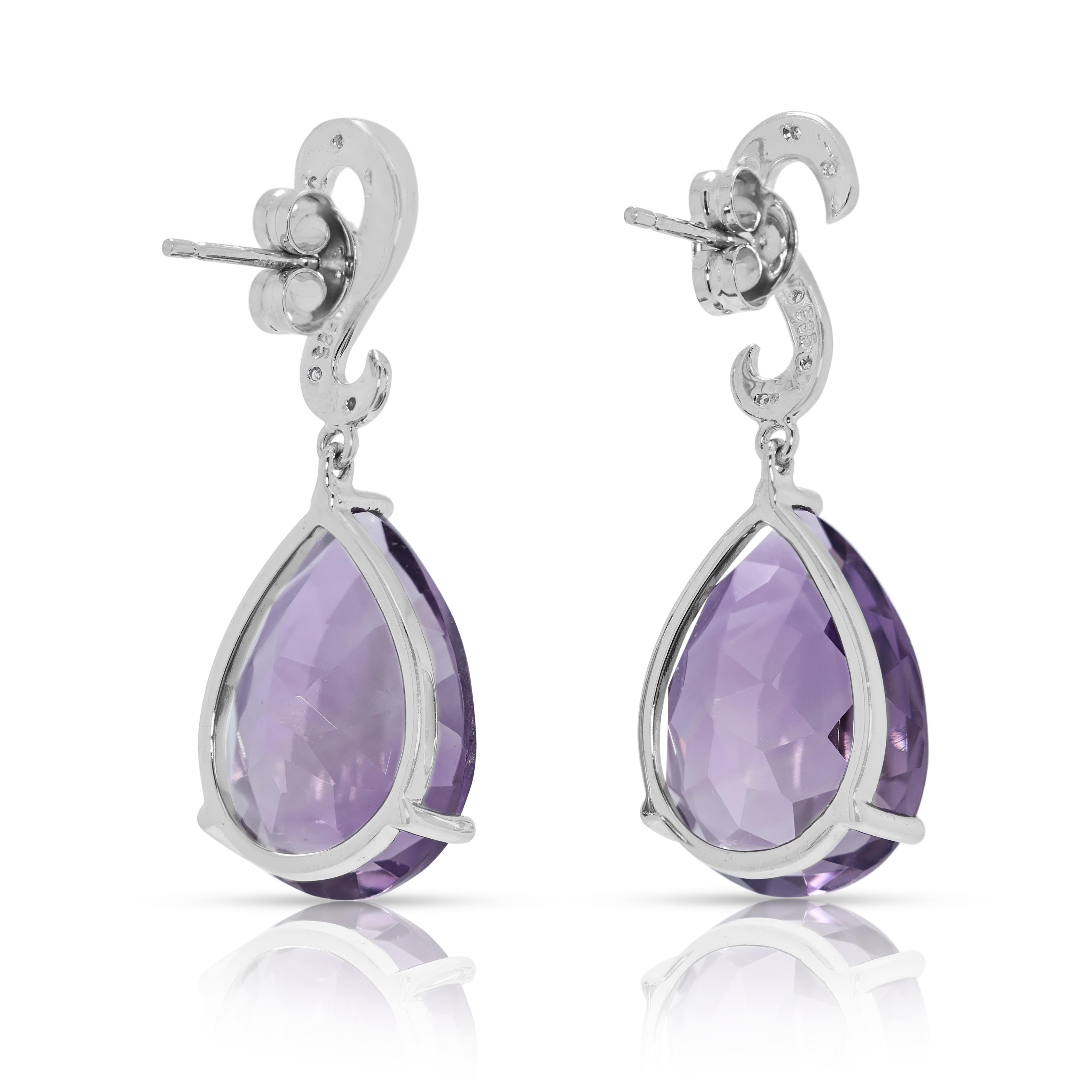 Captivating 14.36ct Amethyst & Diamond Drop Earrings in 14K White Gold en vente 2