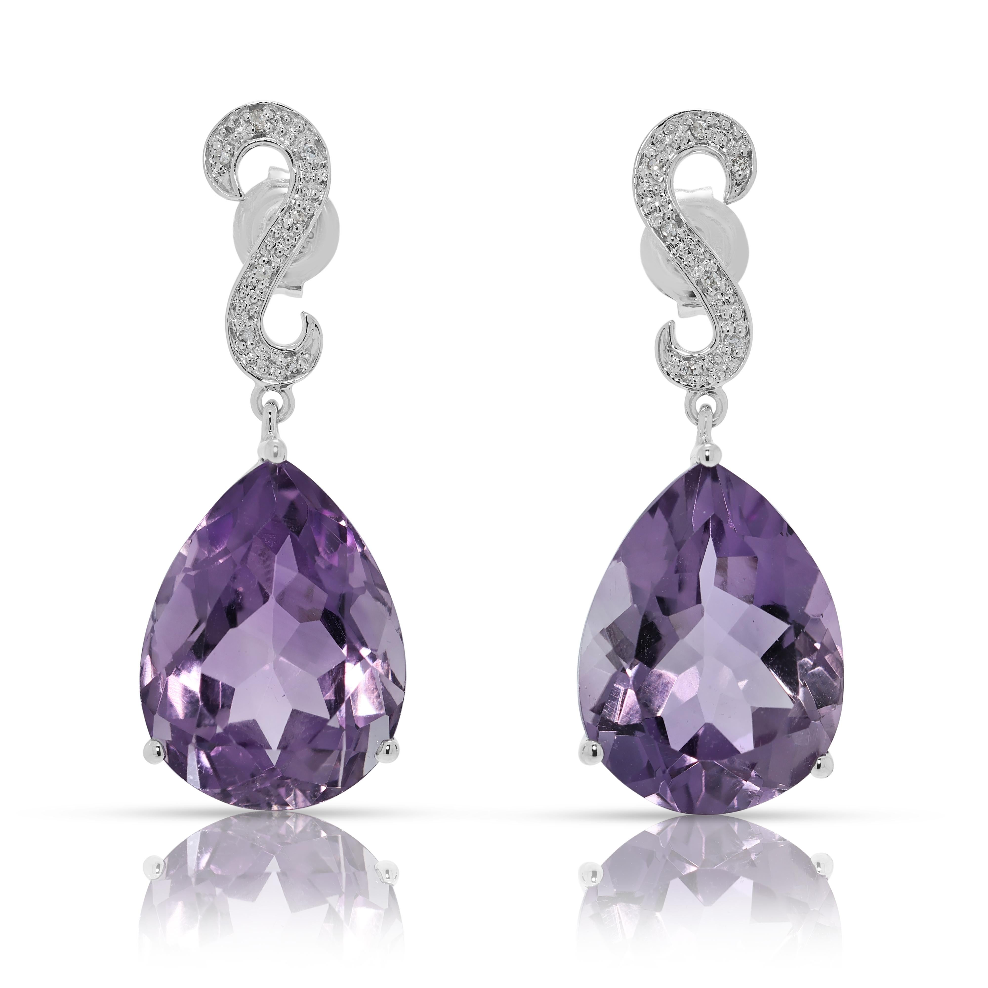 Captivating 14.36ct Amethyst & Diamond Drop Earrings in 14K White Gold en vente 3