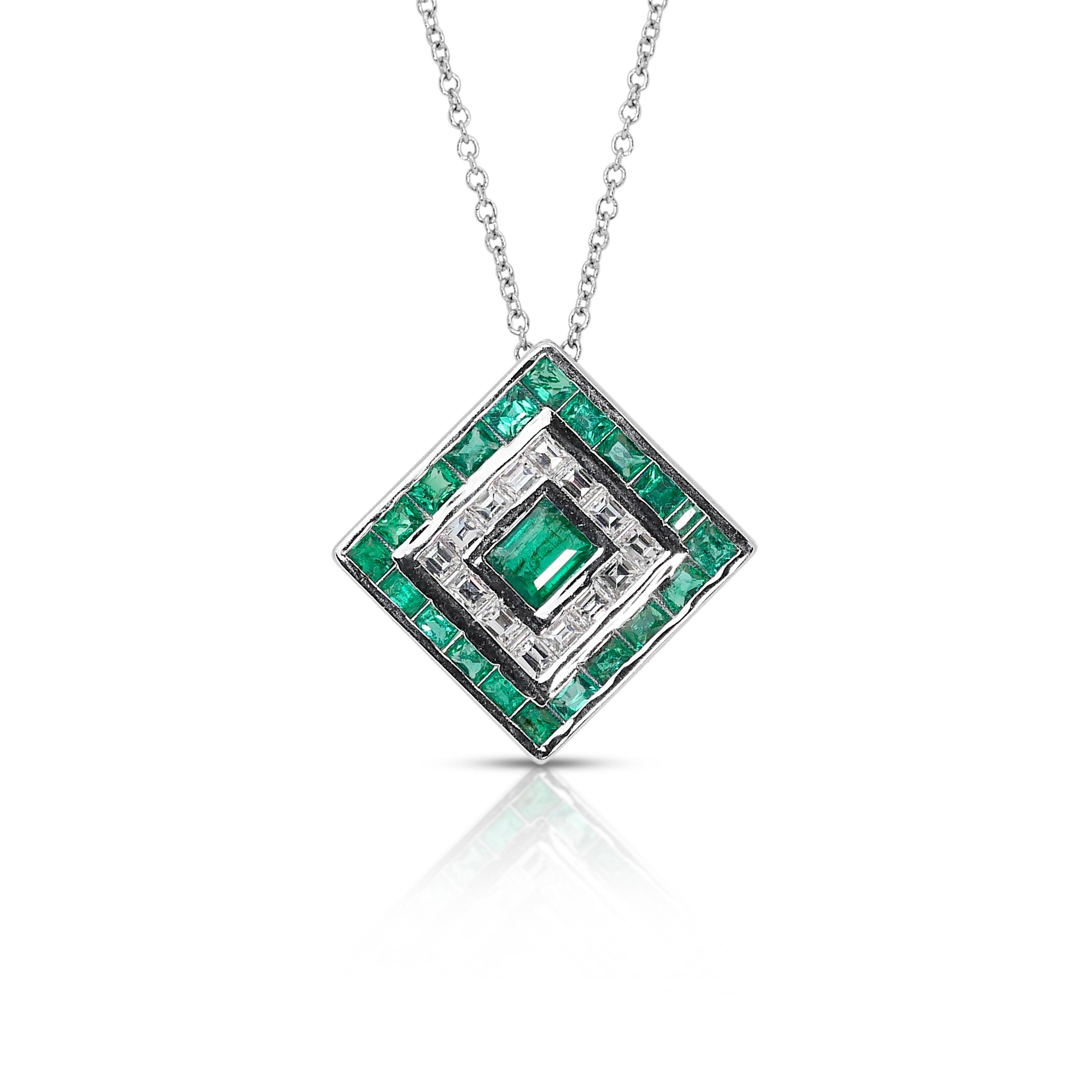 Captivating 1.45ct Emeralds and Diamonds Halo Necklace in 14k White Gold - IGI Certified

This exquisite halo necklace crafted in 14k white gold features a captivating line of 21 rectangular emeralds, with a total carat weight of 1.03 carat, and