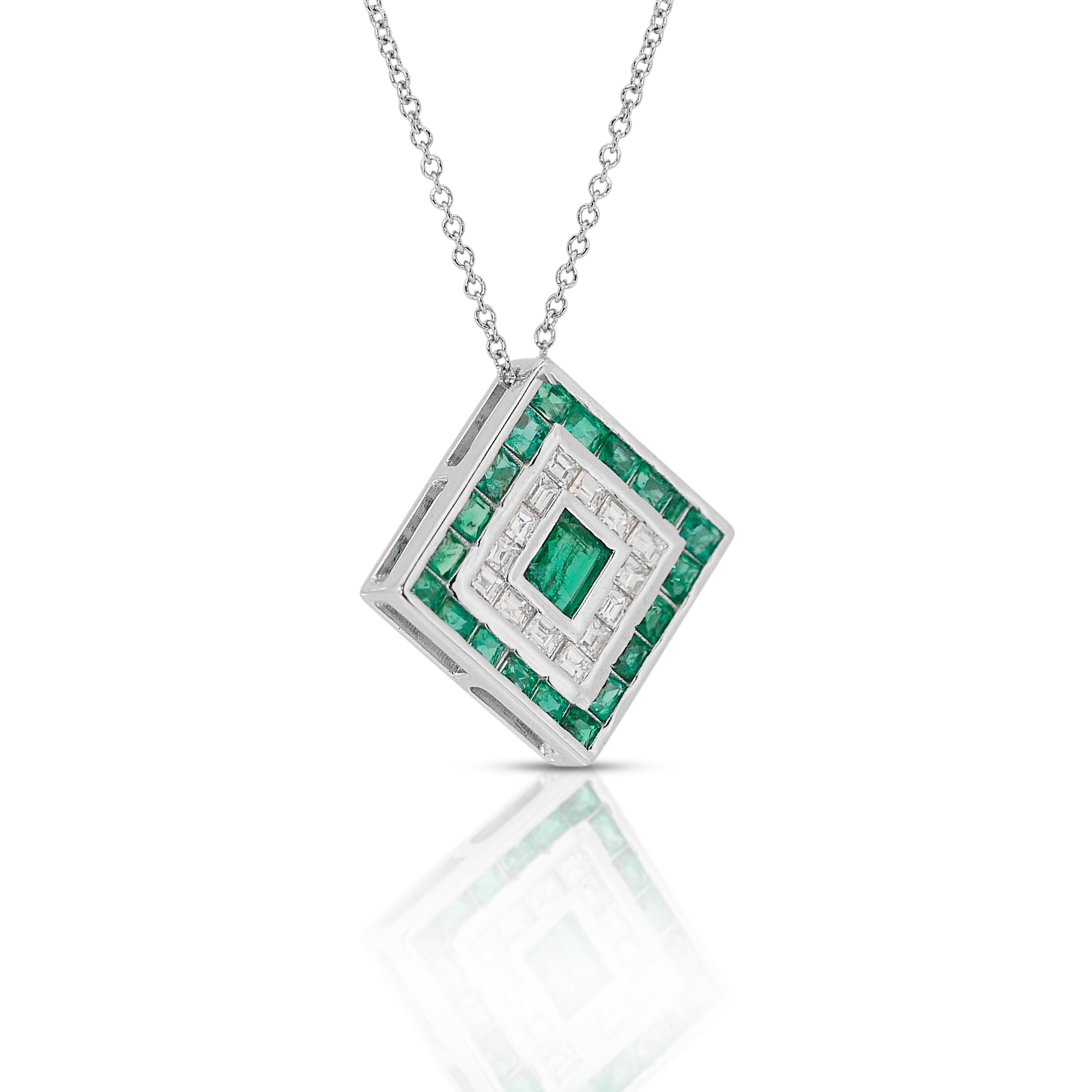 Mixed Cut Captivating 1.45ct Emeralds and Diamonds Halo Necklace in 14k White Gold - IGI  For Sale