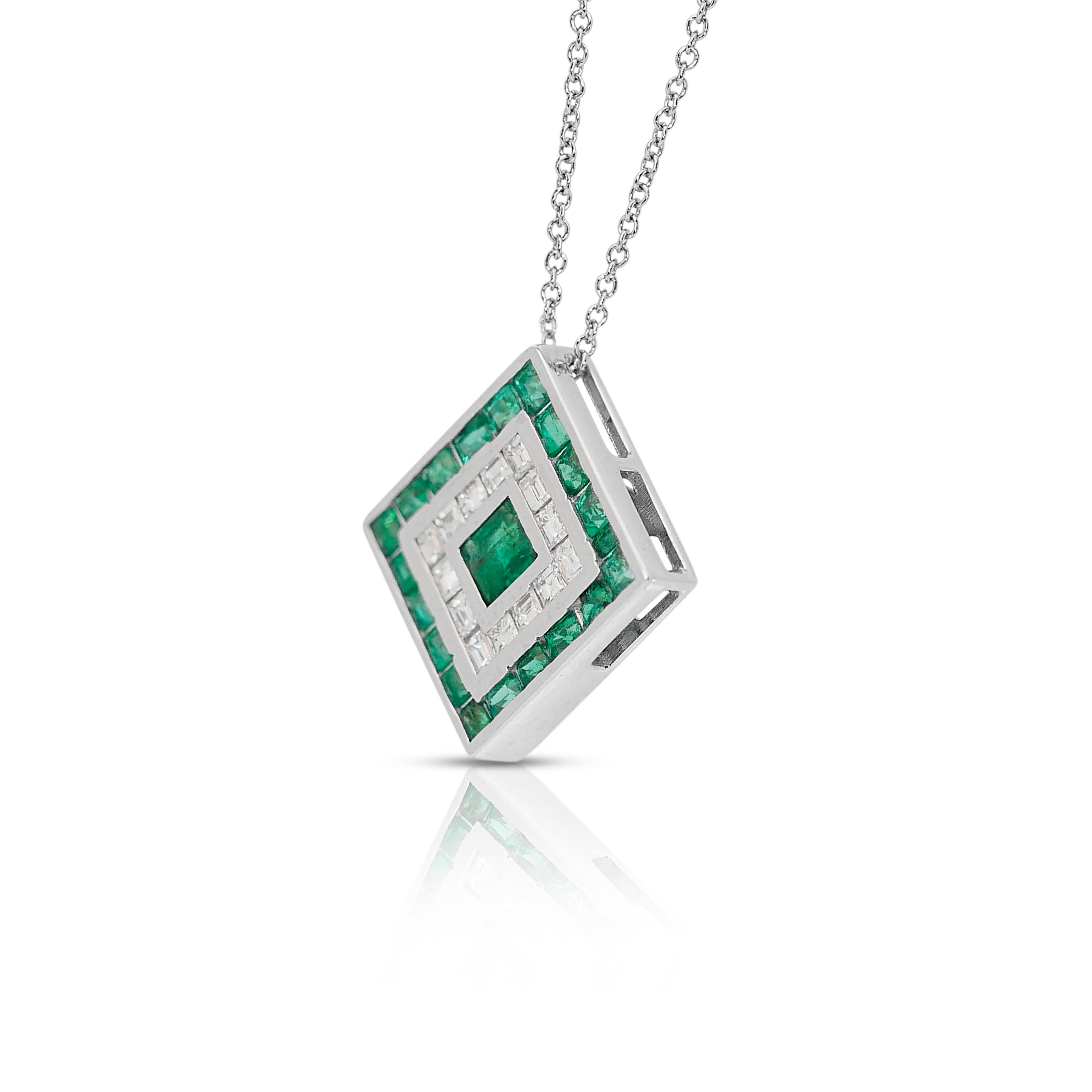 Captivating 1.45ct Emeralds and Diamonds Halo Necklace in 14k White Gold - IGI  For Sale 1