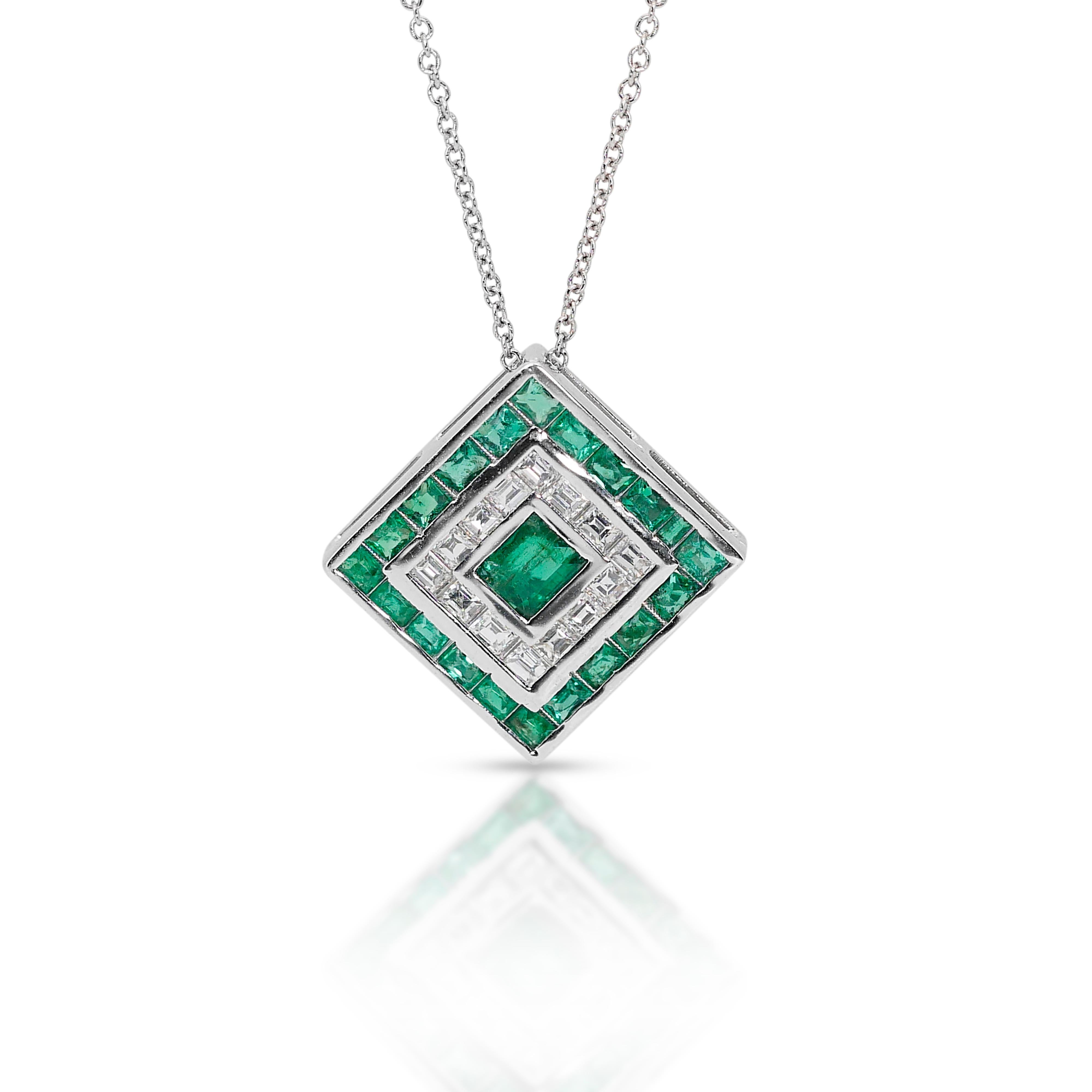 Captivating 1.45ct Emeralds and Diamonds Halo Necklace in 14k White Gold - IGI  For Sale 2