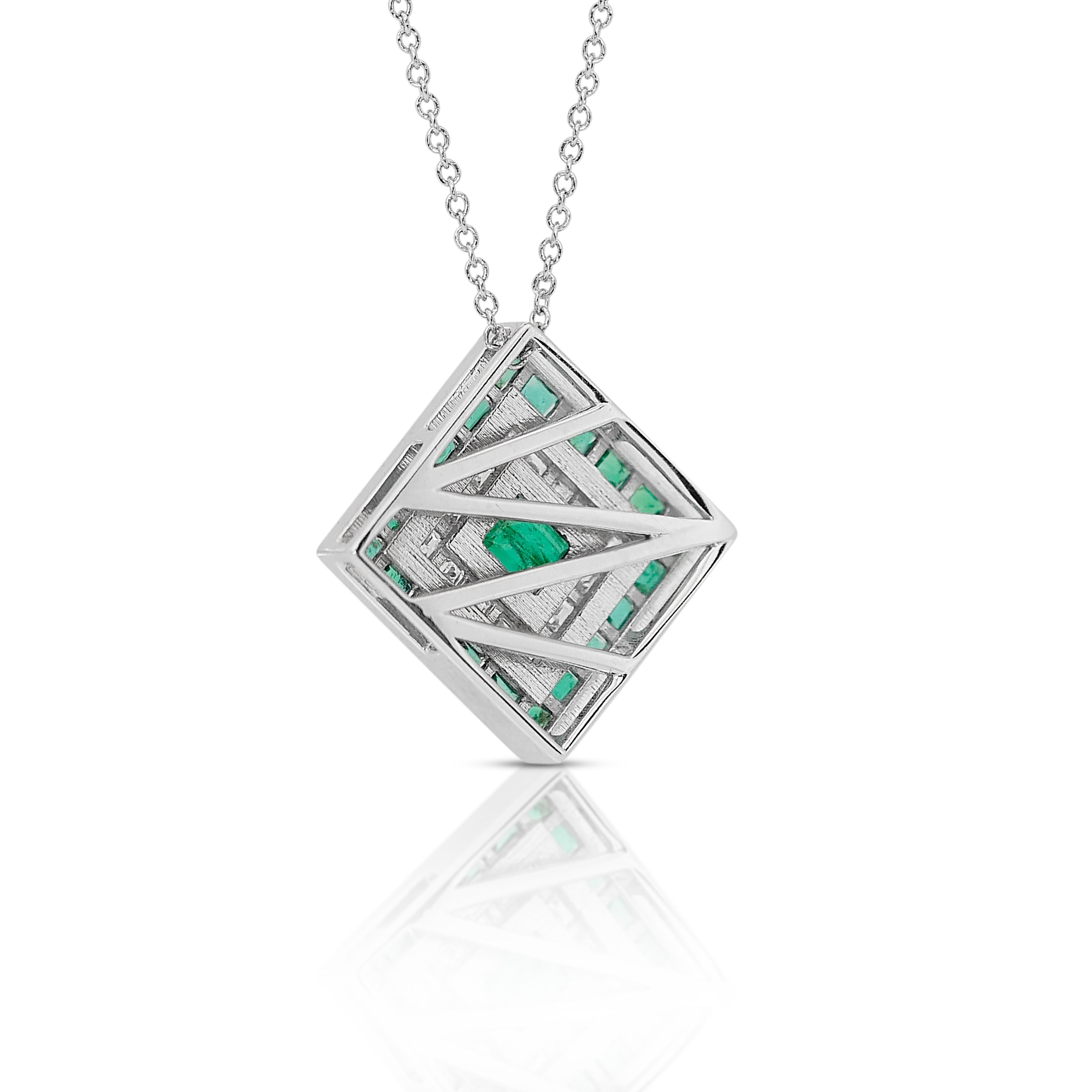 Captivating 1.45ct Emeralds and Diamonds Halo Necklace in 14k White Gold - IGI  For Sale 3