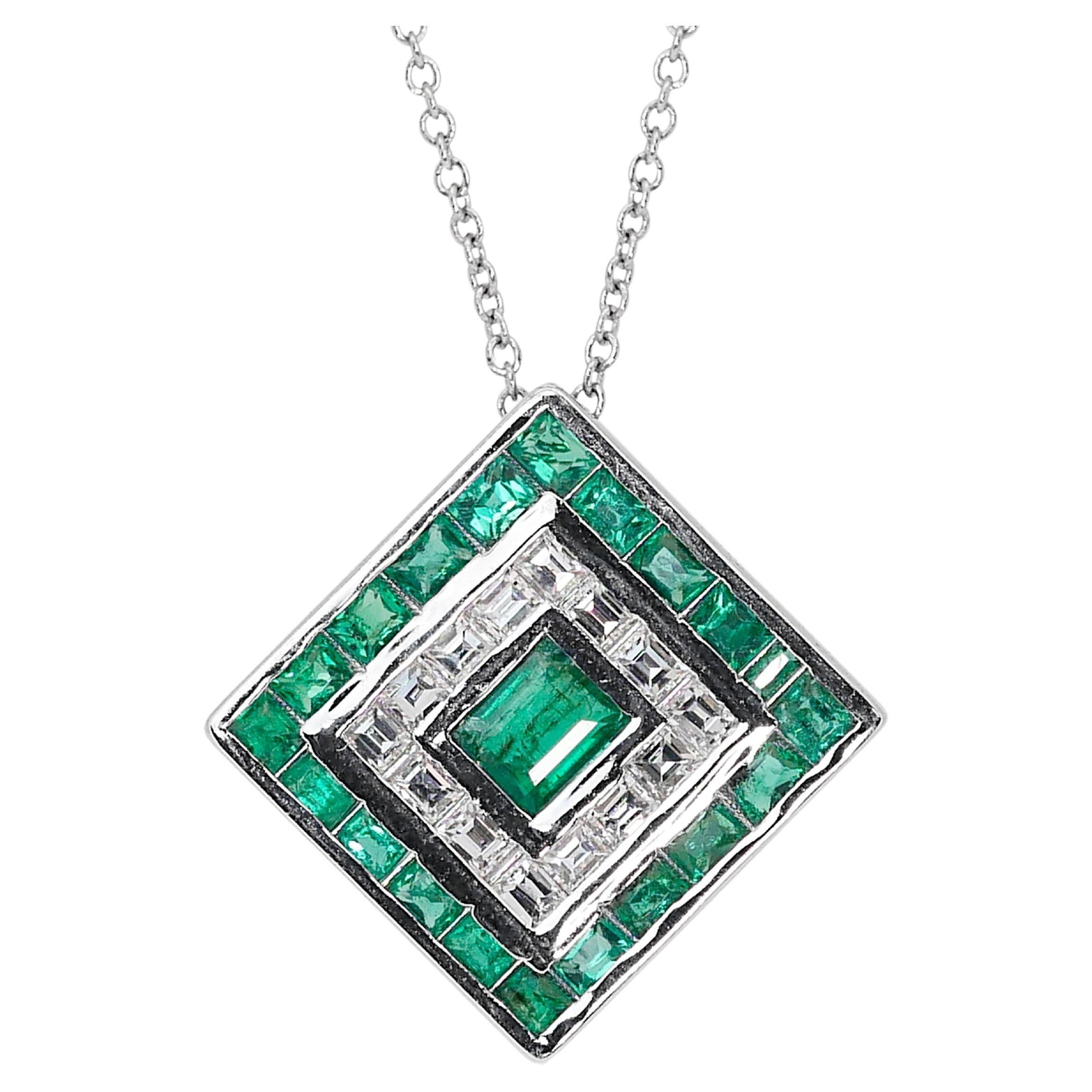Captivating 1.45ct Emeralds and Diamonds Halo Necklace in 14k White Gold - IGI  For Sale