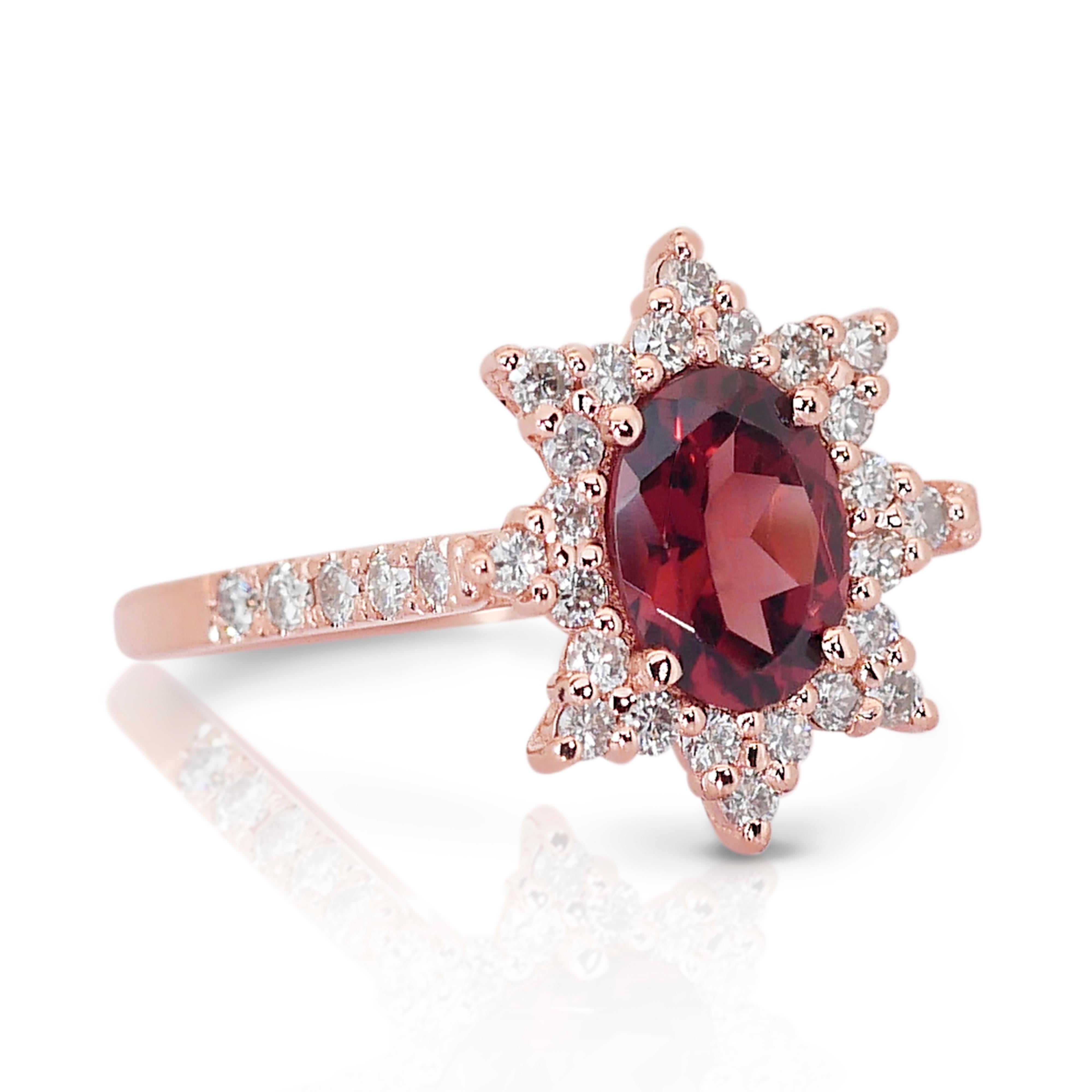 Bezaubernder Halo-Ring aus 14 Karat Roségold mit Granat und Diamant mit/1,87 Karat - IGI-zertifiziert (Ovalschliff) im Angebot