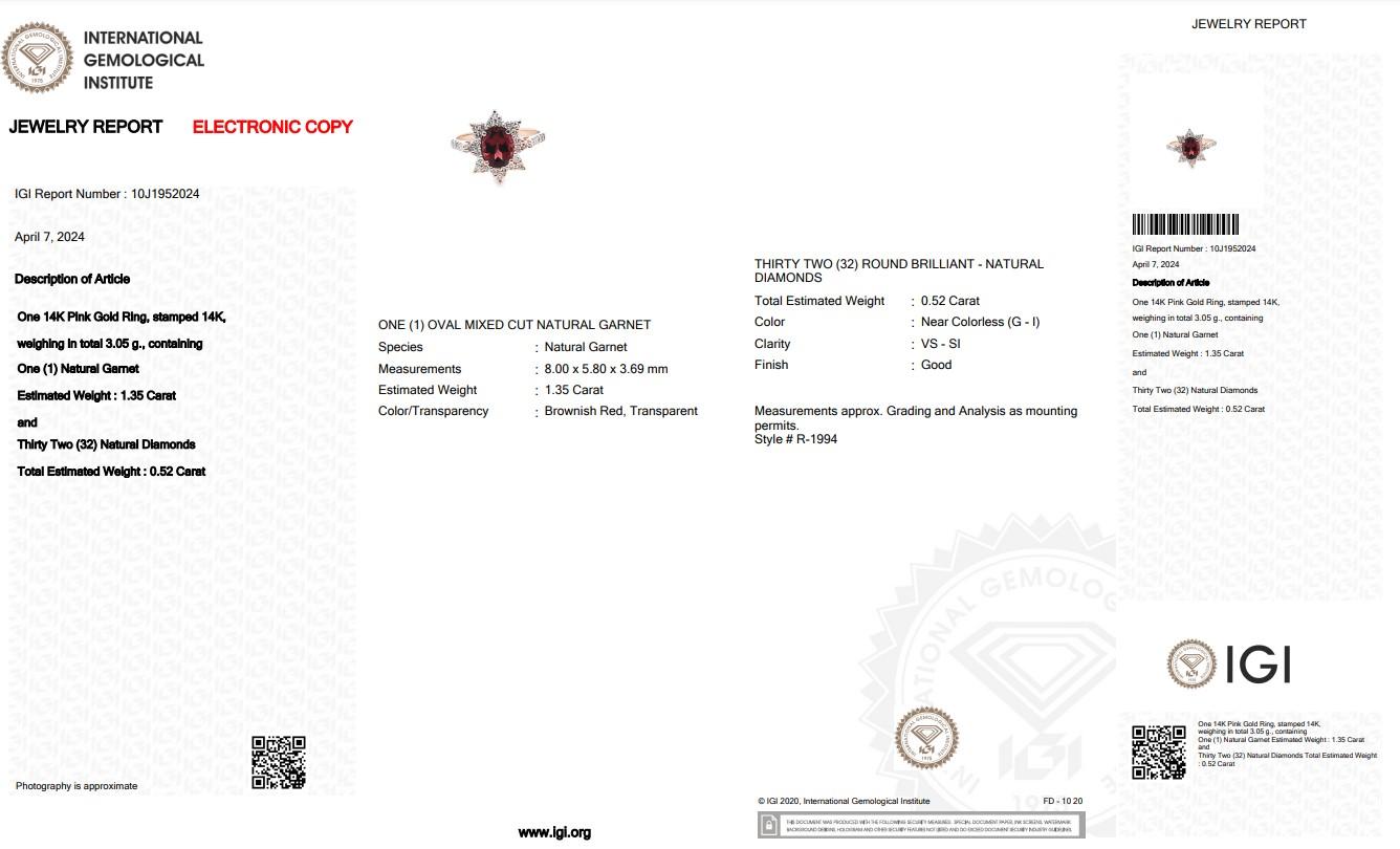 Bezaubernder Halo-Ring aus 14 Karat Roségold mit Granat und Diamant mit/1,87 Karat - IGI-zertifiziert Damen im Angebot