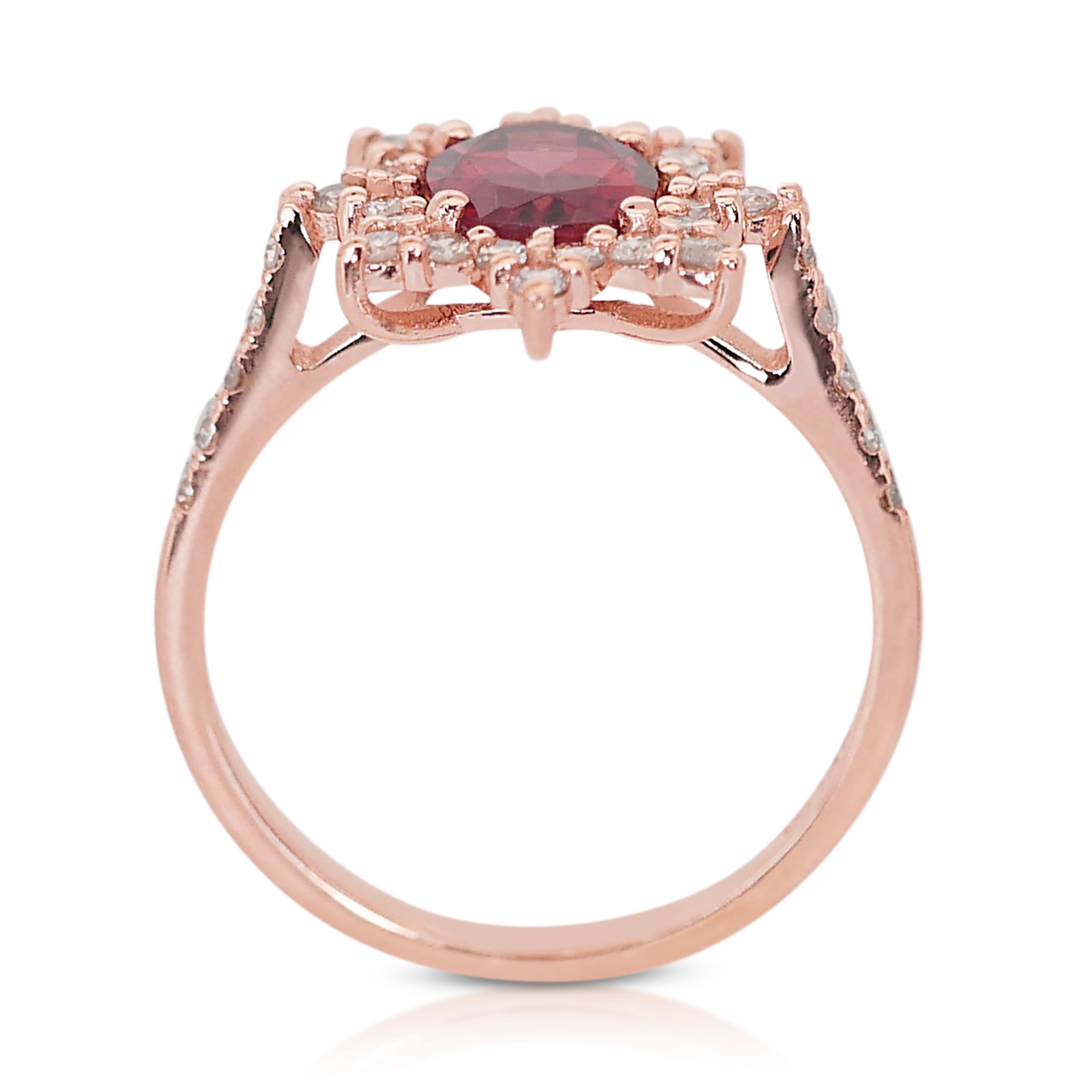 Captivating 14k Rose Gold Garnet and Diamond Halo Ring w/1.87 ct - IGI Certified For Sale 1