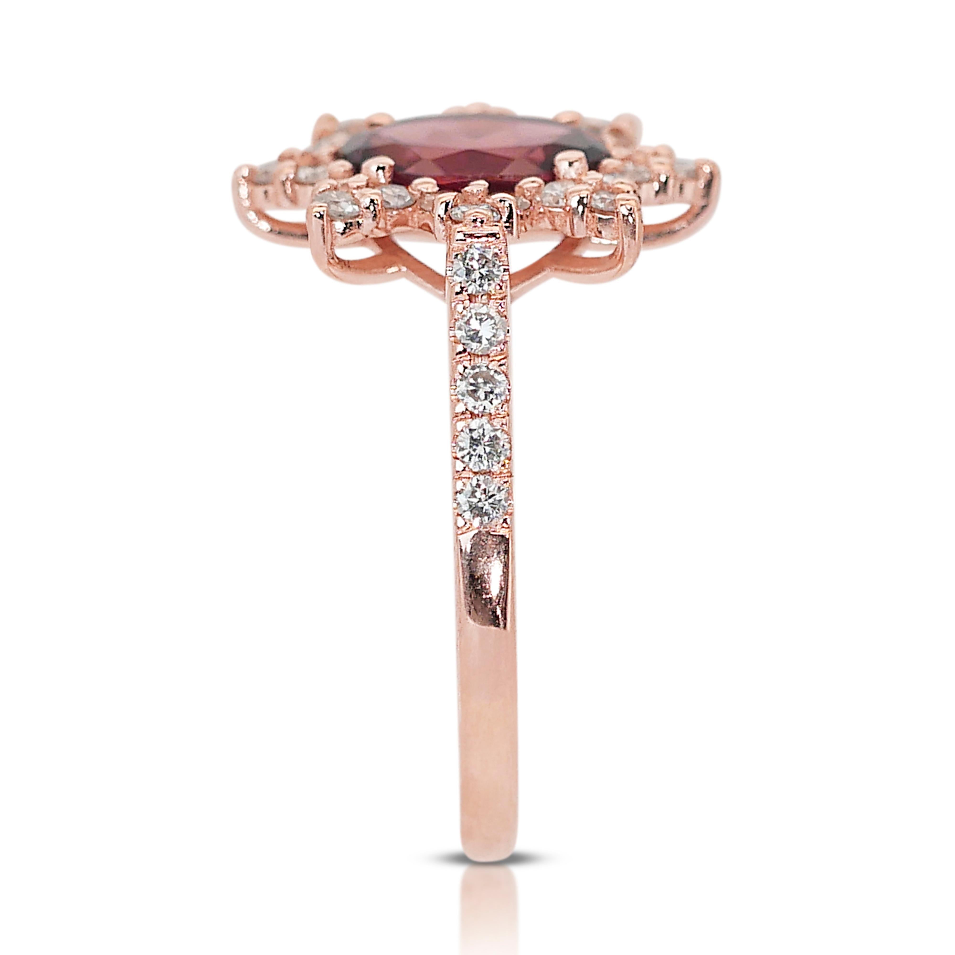 Captivating 14k Rose Gold Garnet and Diamond Halo Ring w/1.87 ct - IGI Certified For Sale 2