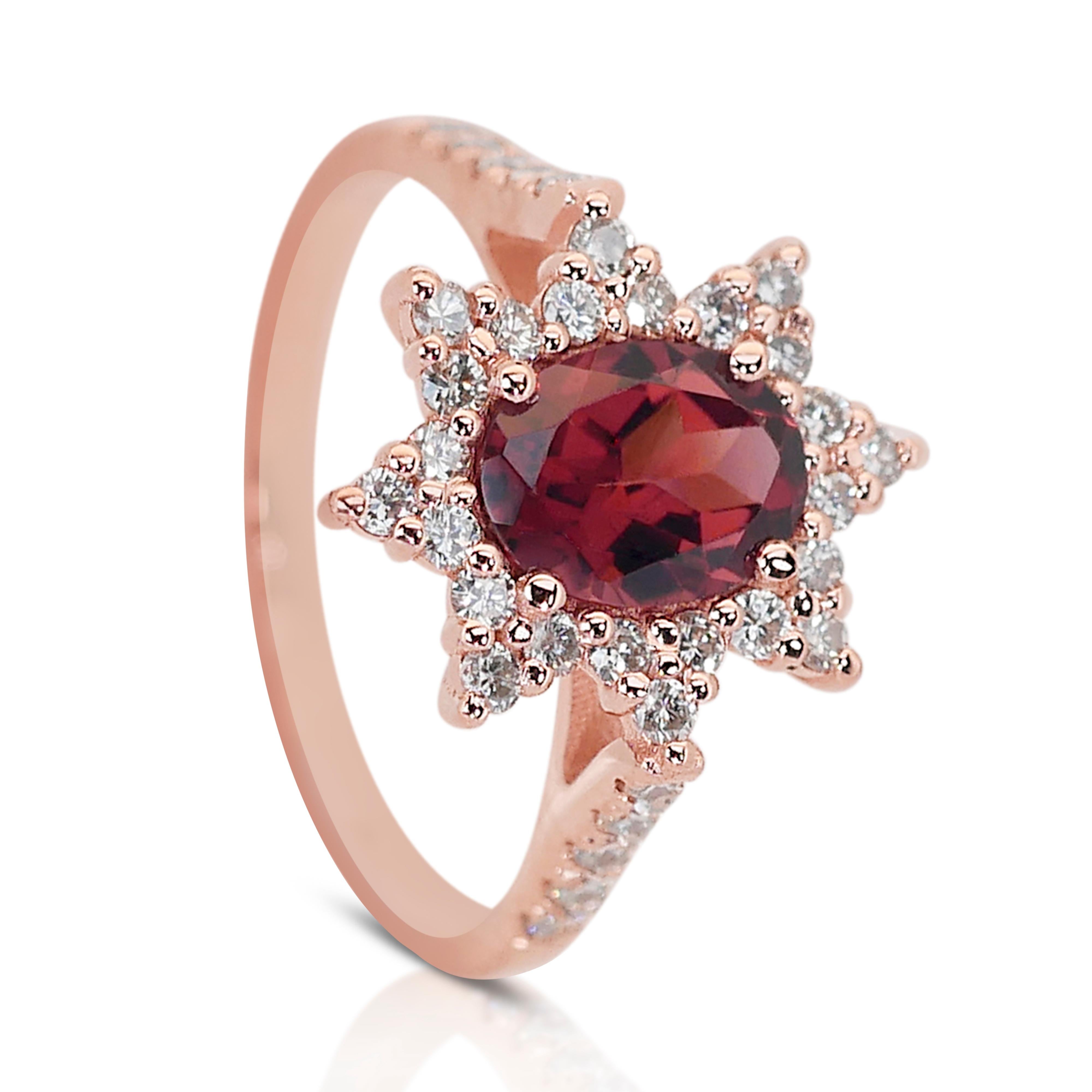 Captivating 14k Rose Gold Garnet and Diamond Halo Ring w/1.87 ct - IGI Certified For Sale 3