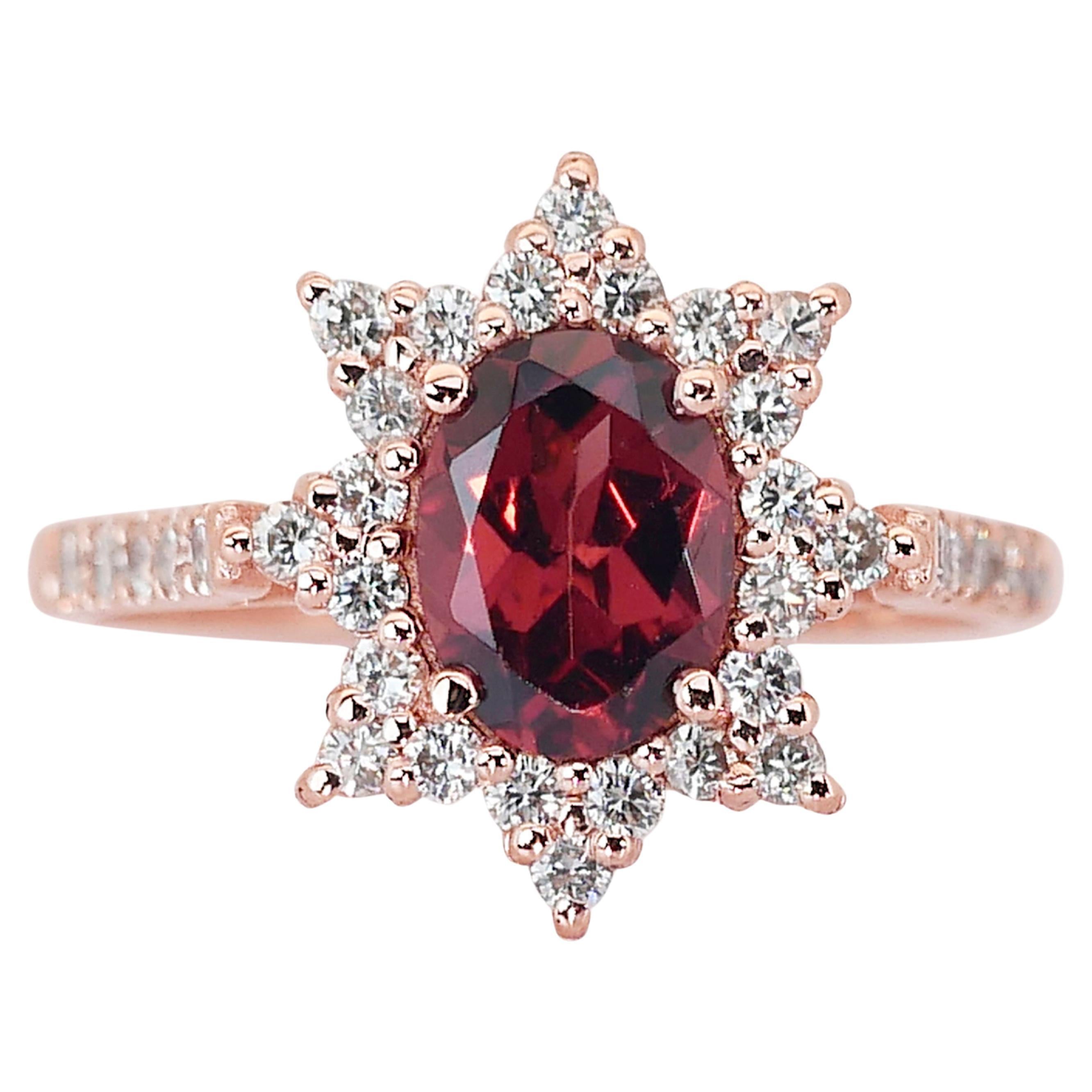 Captivating 14k Rose Gold Garnet and Diamond Halo Ring w/1.87 ct - IGI Certified For Sale