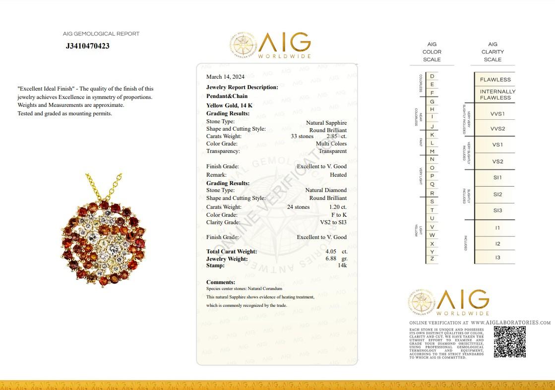 Captivant collier pendentif en or jaune 14 carats avec saphirs et diamants 4,05 carats -AIG Pour femmes en vente